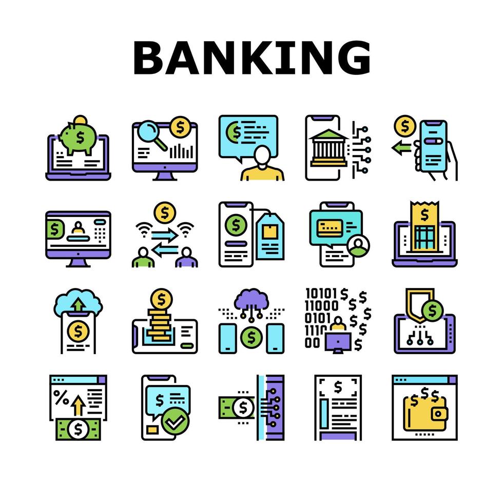 conjunto de iconos de colección de finanzas de banca en línea vector