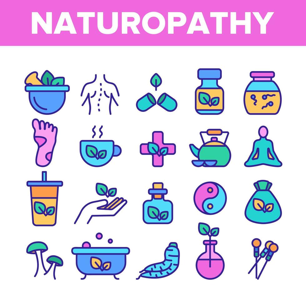 conjunto de iconos de línea de color de vector de terapia de naturopatía