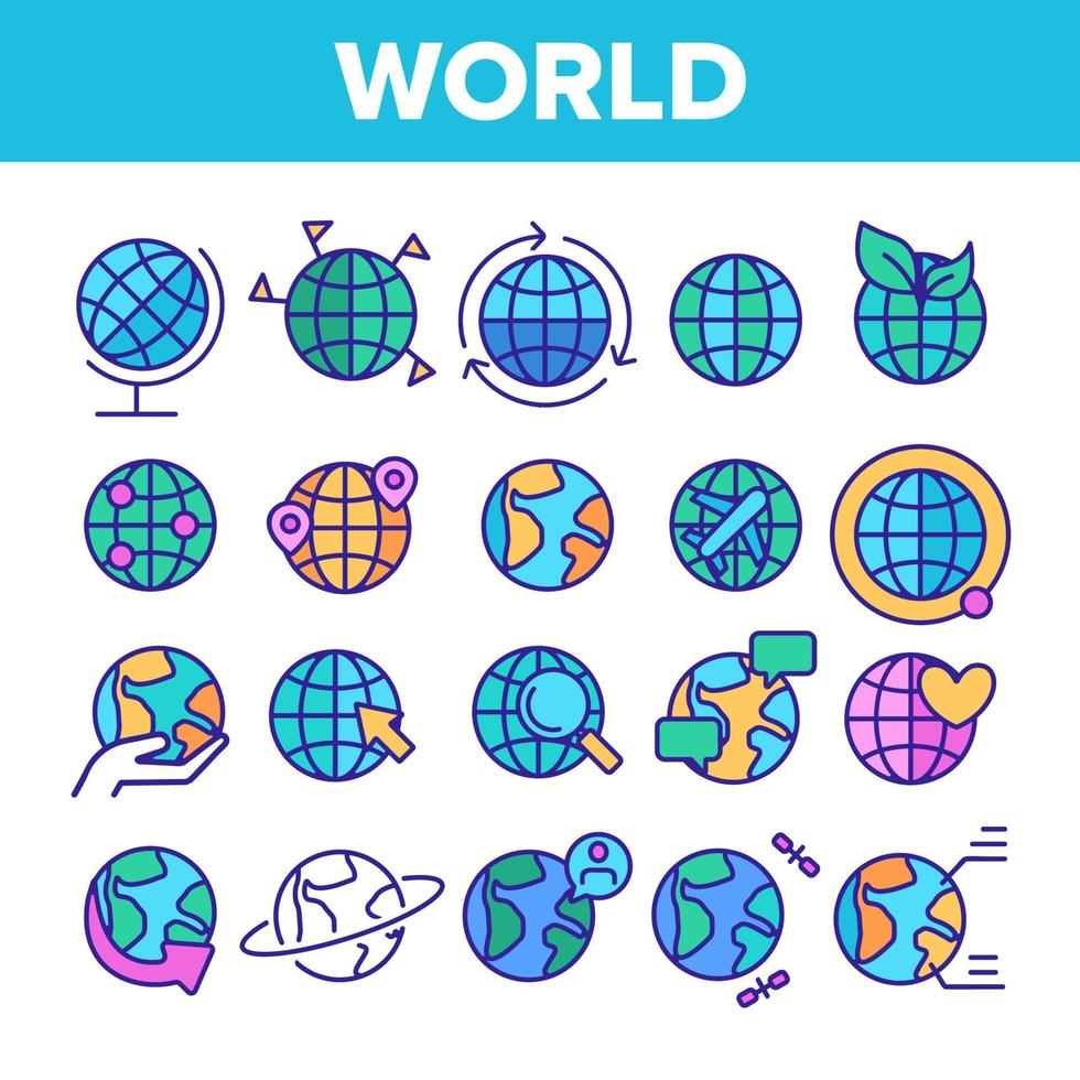 World, Globe, Planet Earth Vector Linear Icons Set