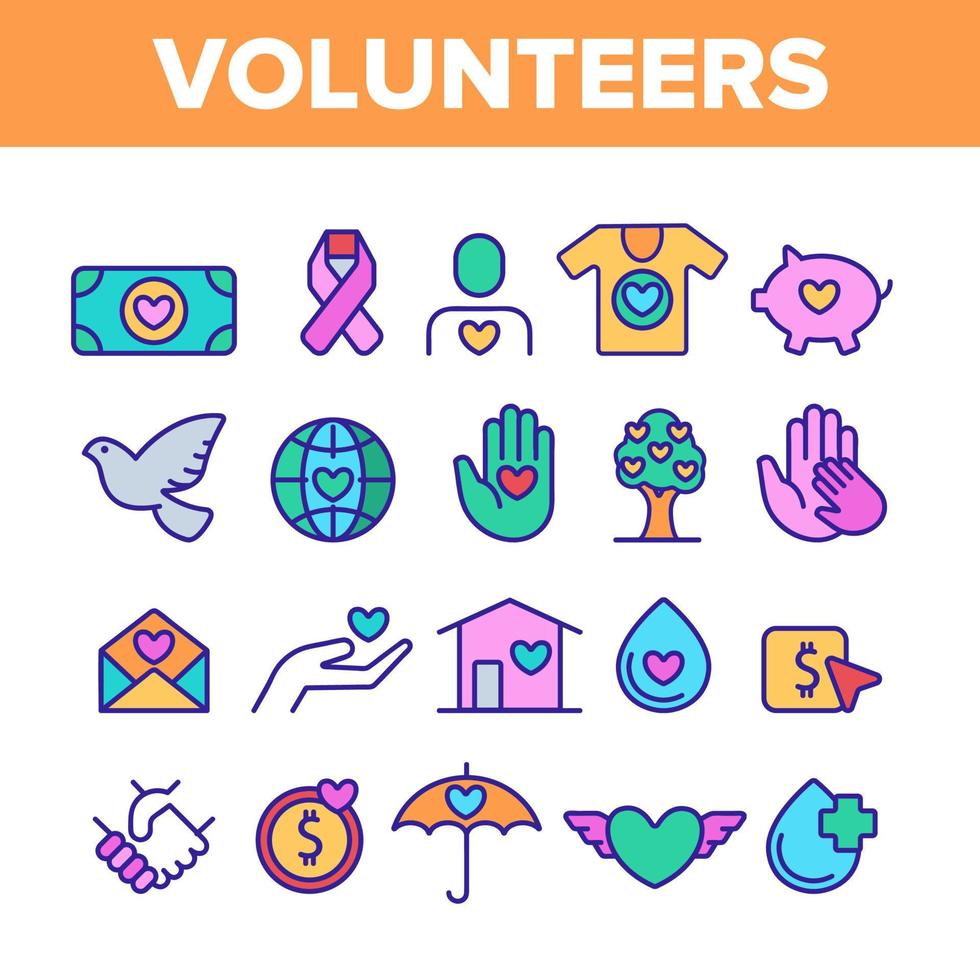 voluntarios, conjunto de iconos de línea de color de vector de caridad