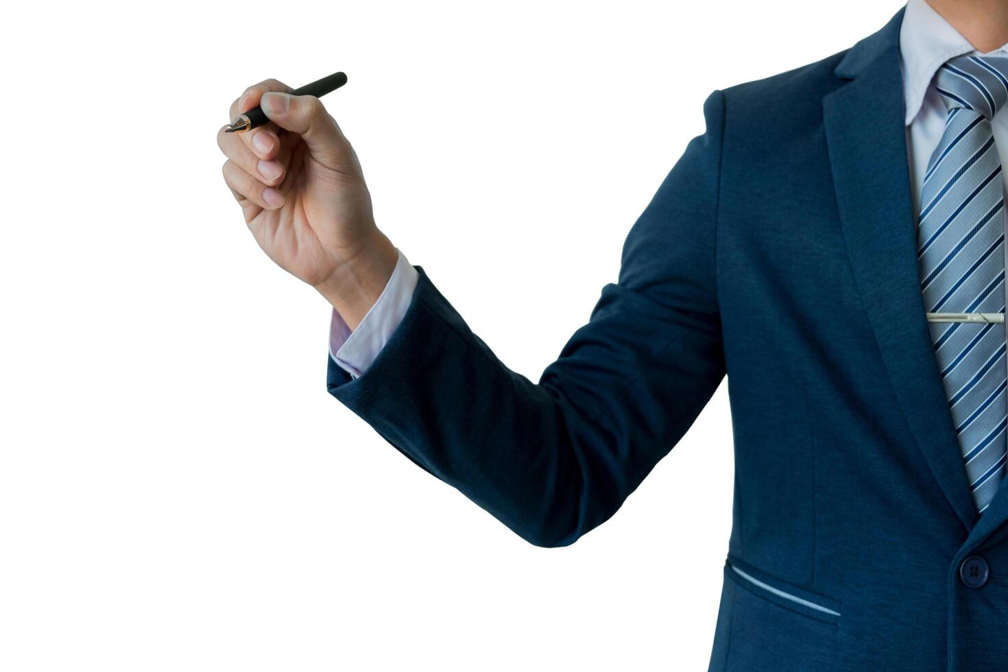 Businessman writing, drawing on the screen, blank transparent whiteboard with copy space, isolated on white background photo