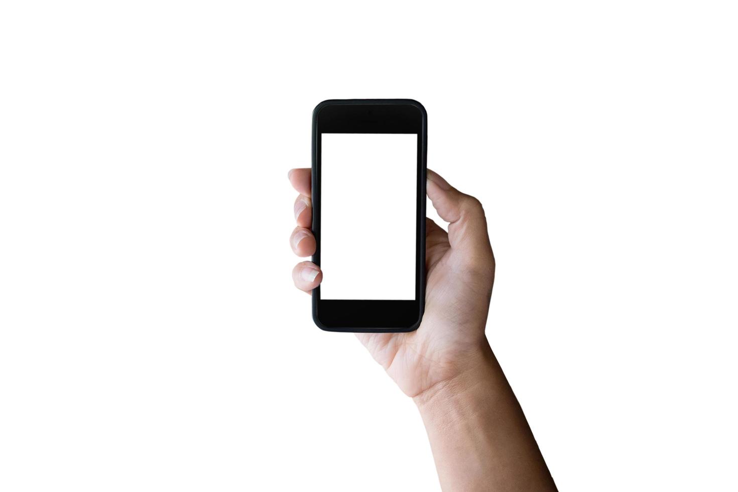 Man hand holding horizontal the black smartphone with blank screen, isolated on white background. photo