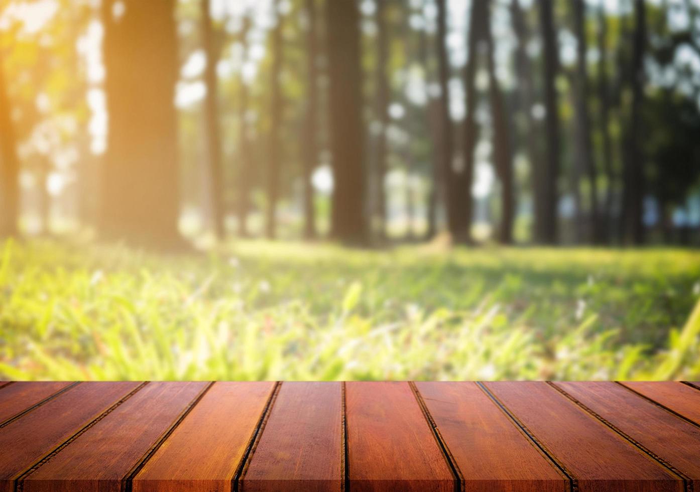 foco seleccionado mesa de madera vacía y vista del bosque verde fondo borroso con imagen bokeh. para su fotomontaje o exposición de productos. foto