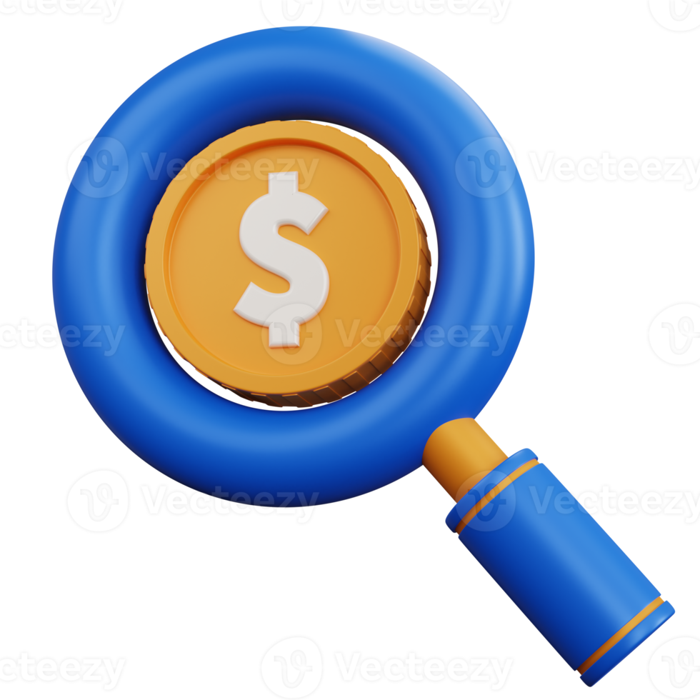3d rendering magnifying glass with dollar coins isolated png