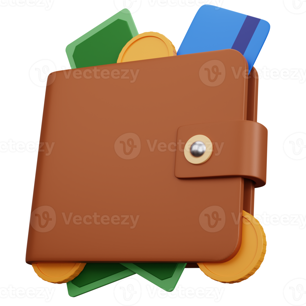 3d rendering brown wallet with money and credit card isolated png
