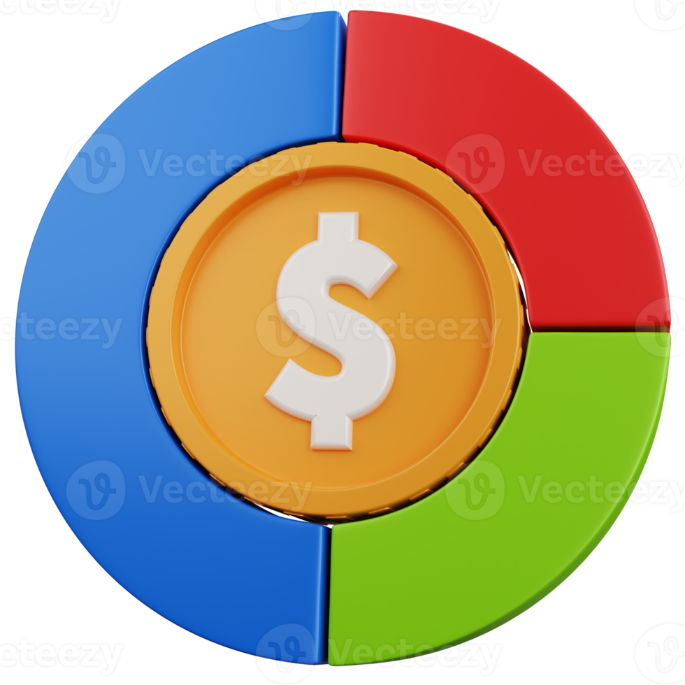 3d rendering pie chart with dollar coin in the middle isolated png