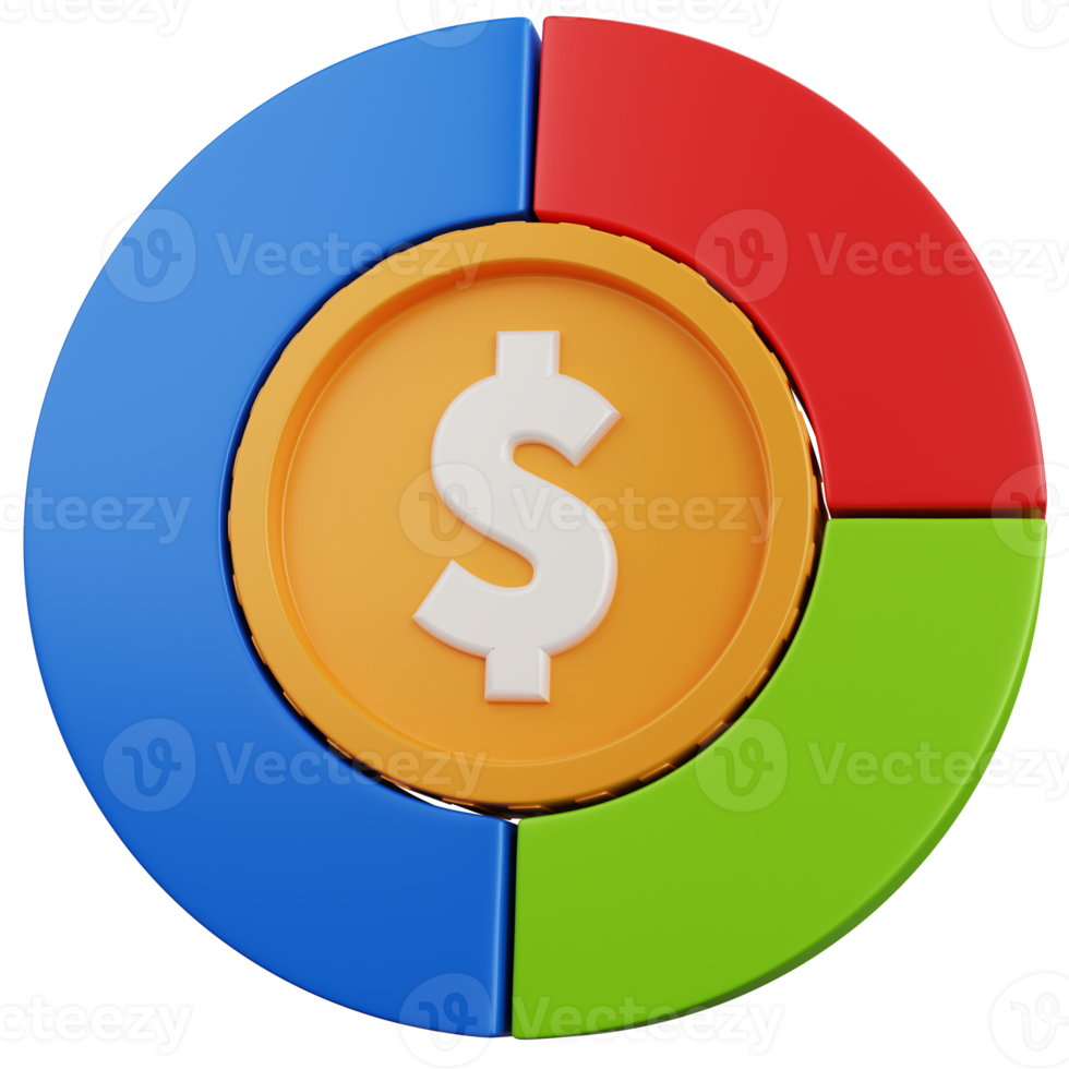3D-Rendering-Kreisdiagramm mit Dollarmünze in der Mitte isoliert png