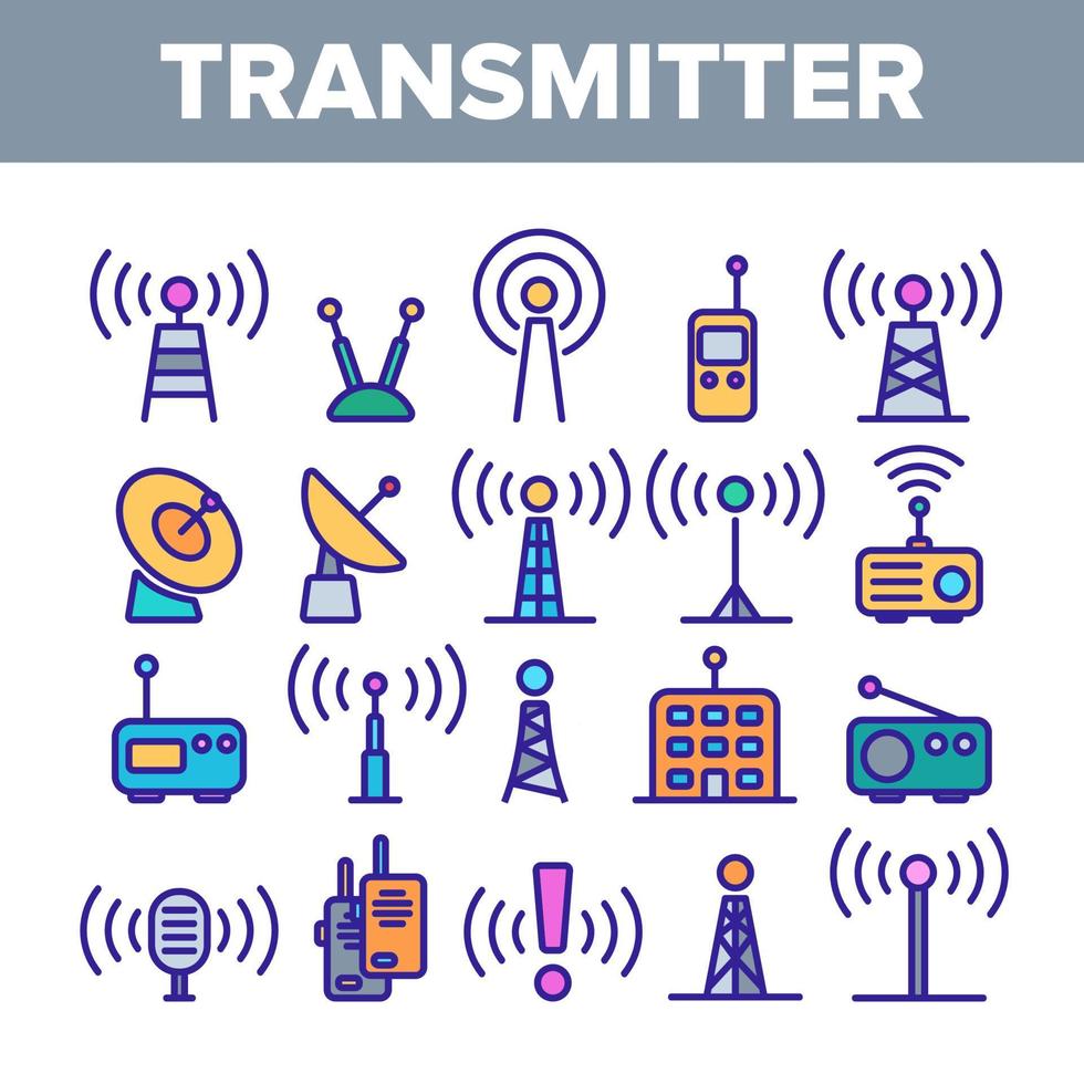 transmisor, conjunto de iconos de vector lineal de torre de radio