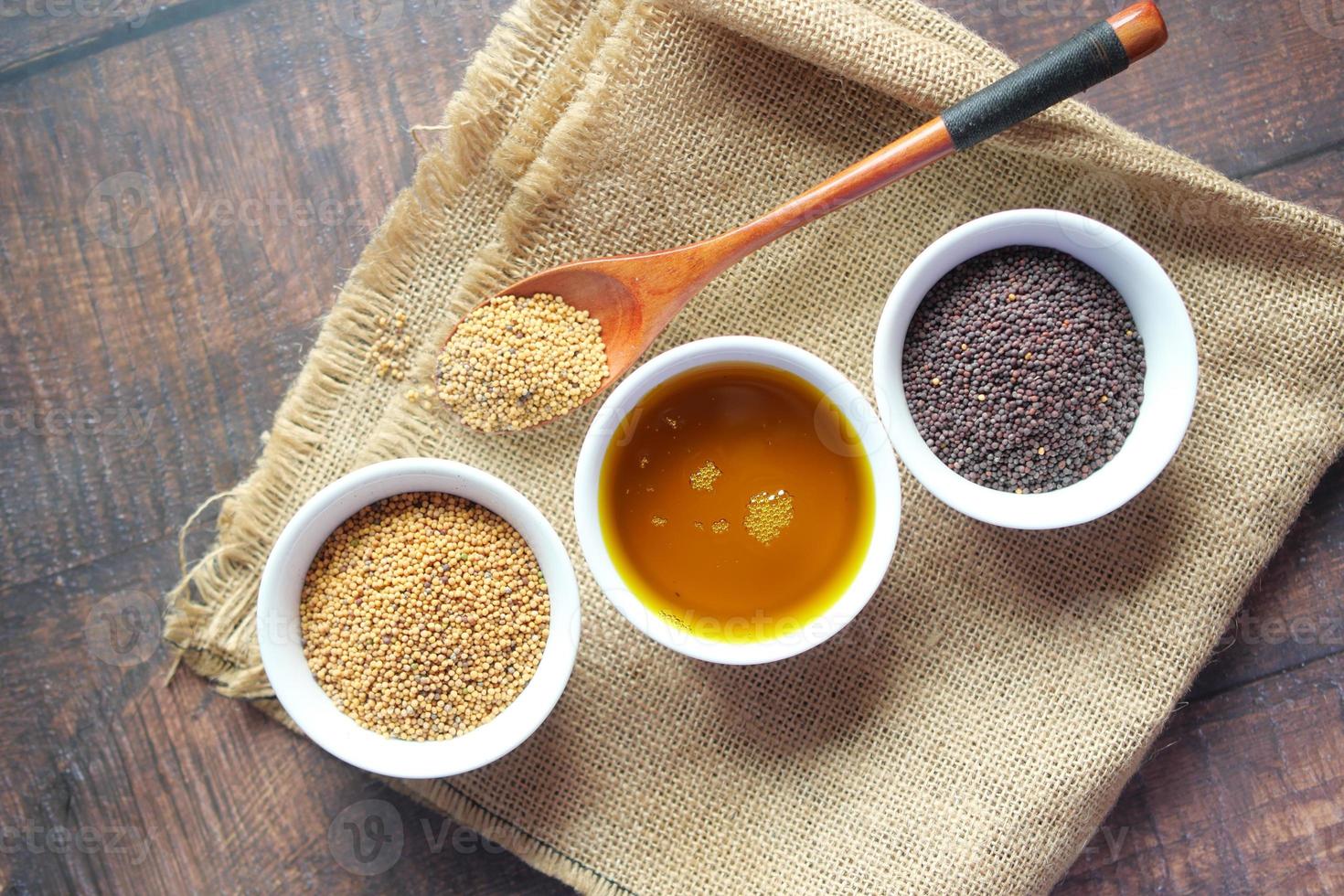 top view of Mustard oil in a jar on table top view photo