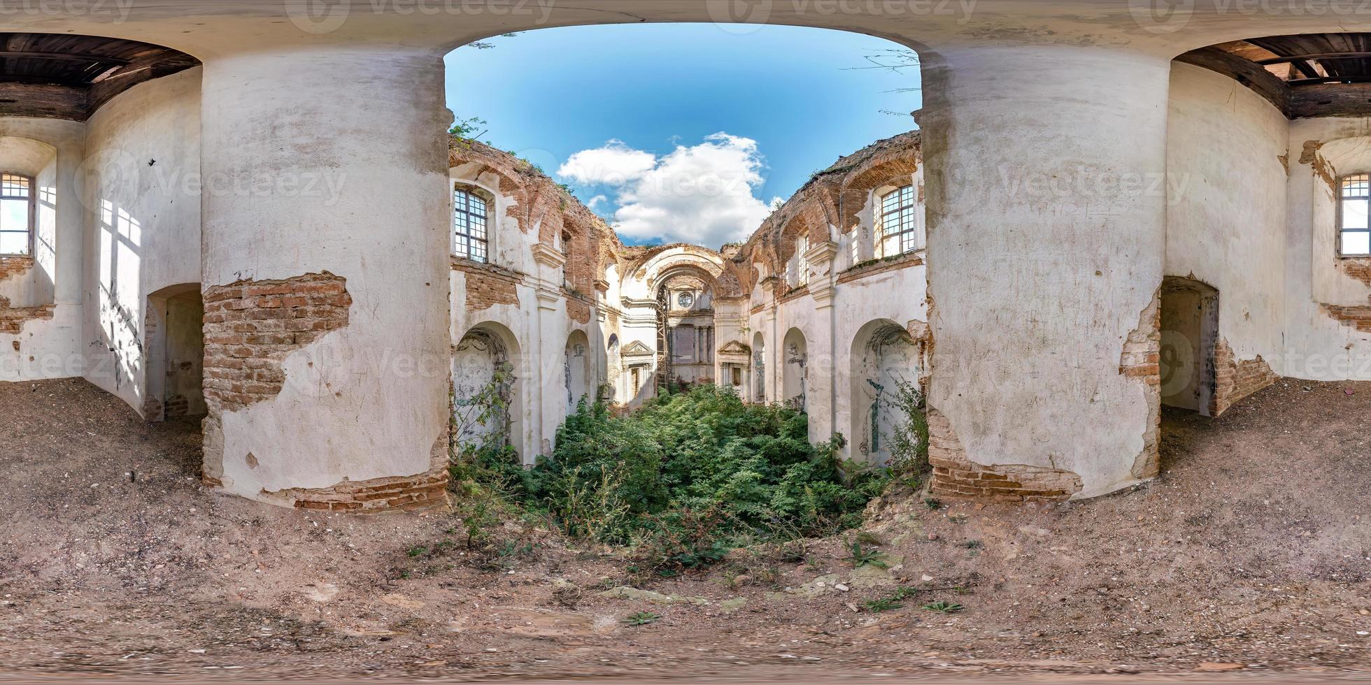 Full spherical seamless hdri panorama 360 degrees angle view inside of concrete structures of abandoned ruined building of church with bushes and trees inside in equirectangular projection, VR content photo