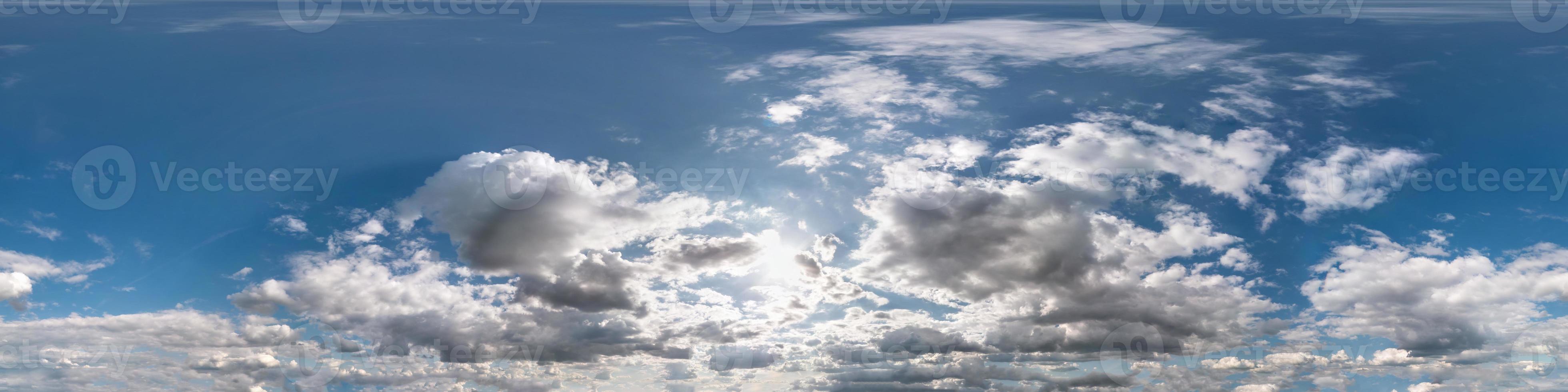 Seamless cloudy blue sky hdri panorama 360 degrees angle view with zenith and beautiful clouds for use in 3d graphics as sky dome or edit drone shot photo