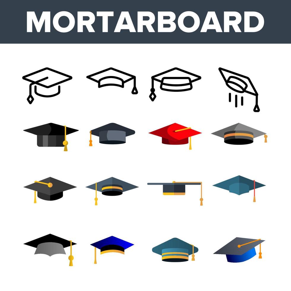 Mortarboard, Academic Cap Vector Color Icons Set