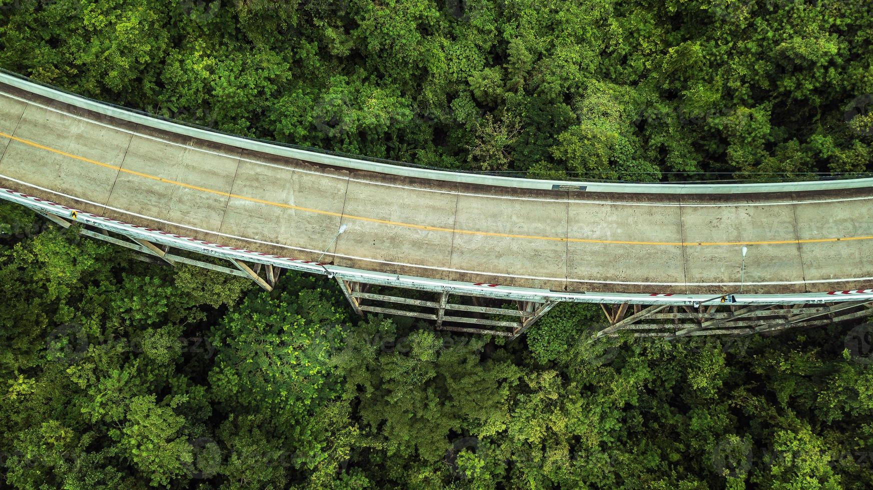 An aerial view of  Road or bridge is in the middle of a forest photo
