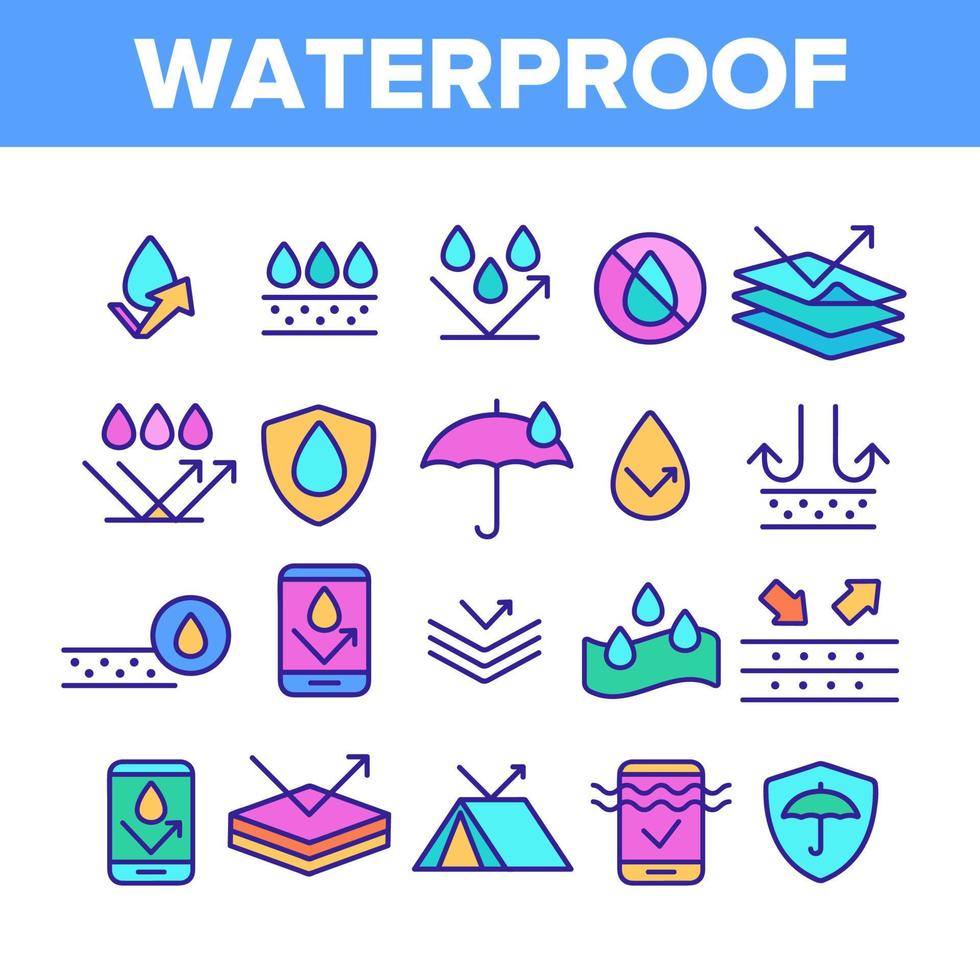color impermeable, materiales resistentes al agua vector conjunto de iconos lineales