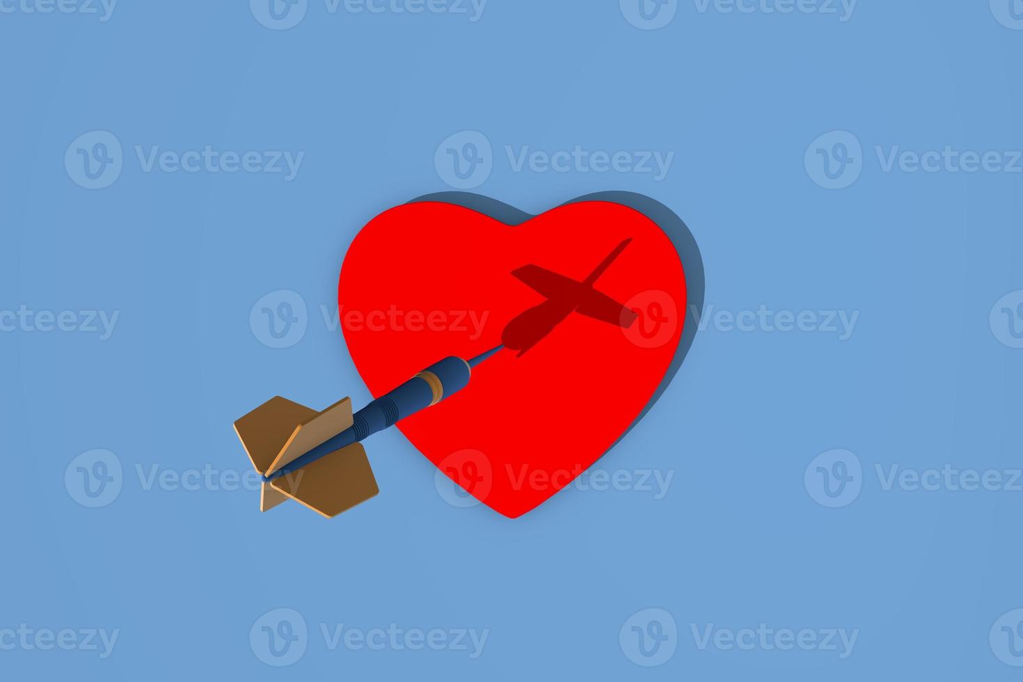 Blue dart hit to center of dartboard in form of heart. Arrow on bullseye in target. 3d realistic illustration. The concept of love. photo