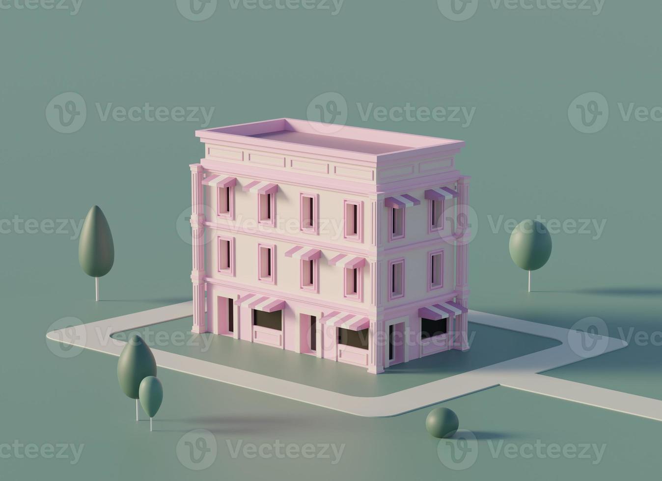 ilustración de renderizado 3d de edificio de estilo rosa mínimo foto