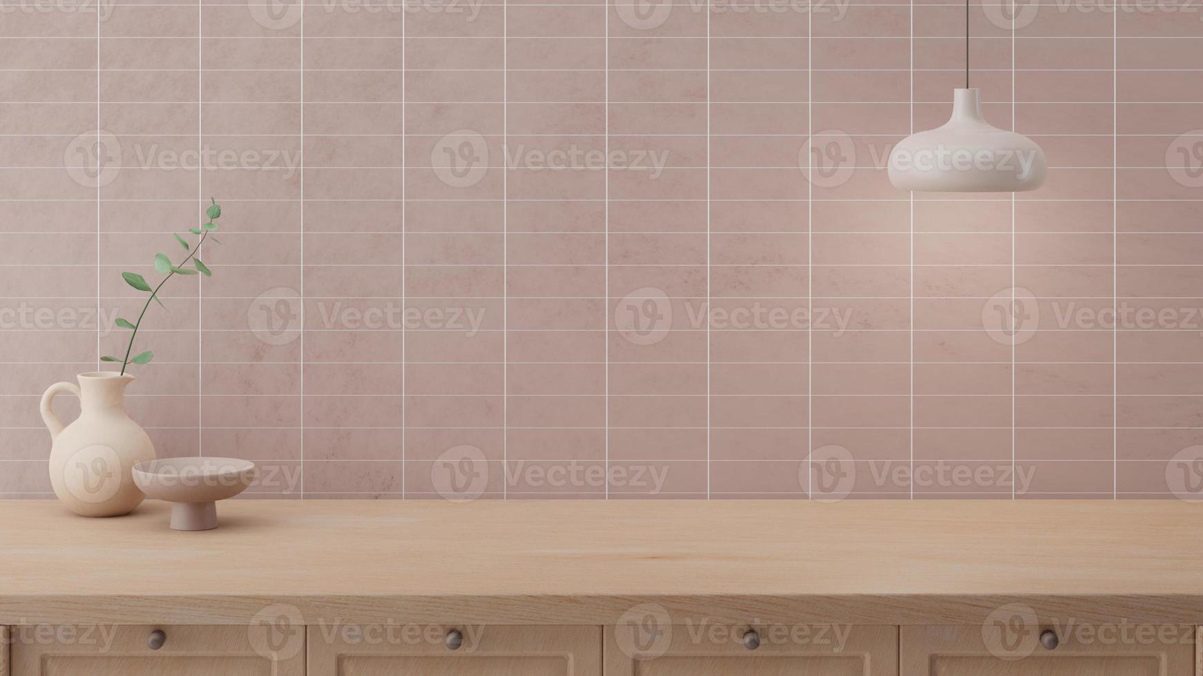 Minimal counter mockup background in Japan style with bright wood counter and pink beige tile wall. Kitchen table. photo