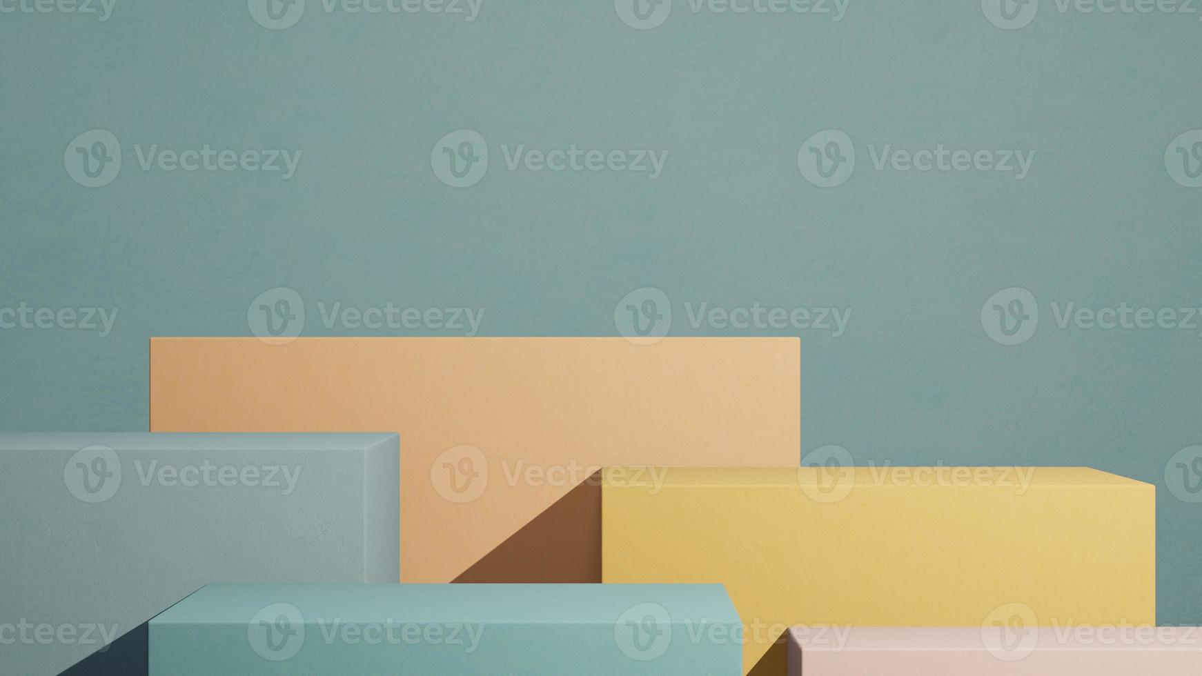 Minimal abstract podium for product presentation background with colorful boxes and blue wall. 3D render. photo