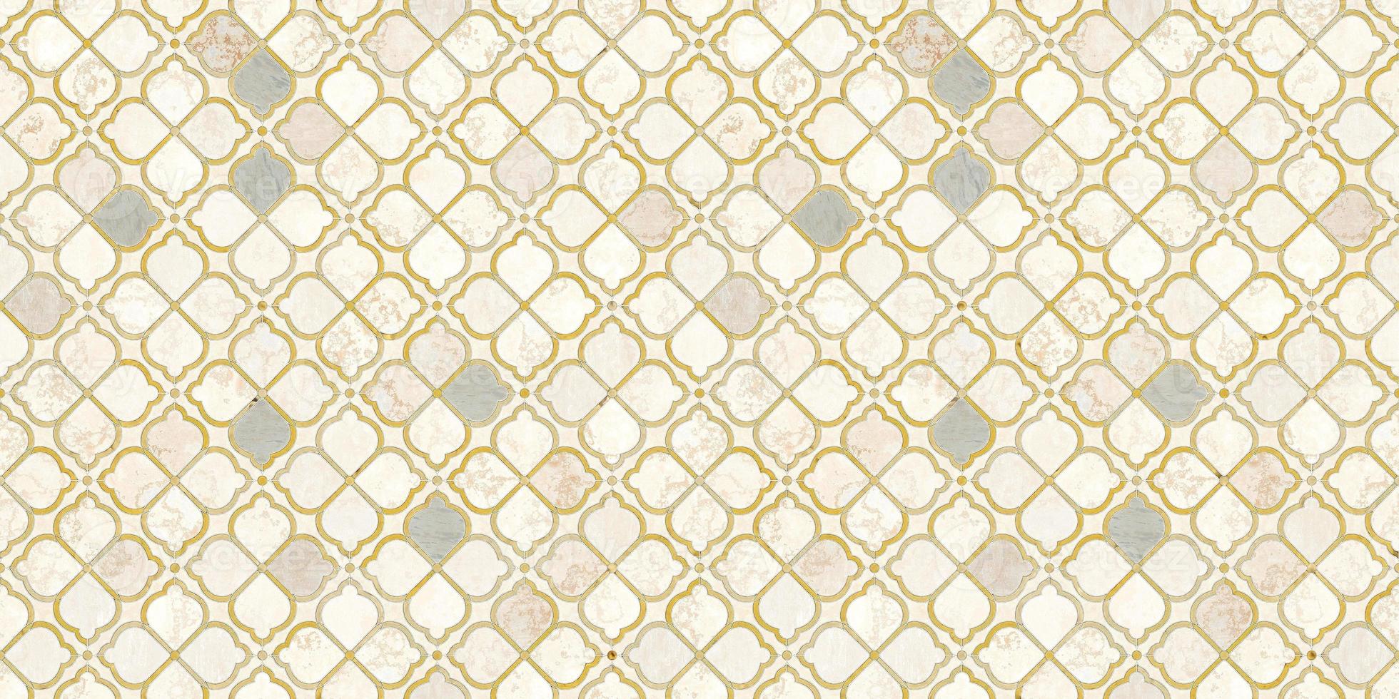 Seamless texture of luxury marble abstract flower shape tiles in beige grey white colors with gold textured. Modern abstract floor wall pattern. photo