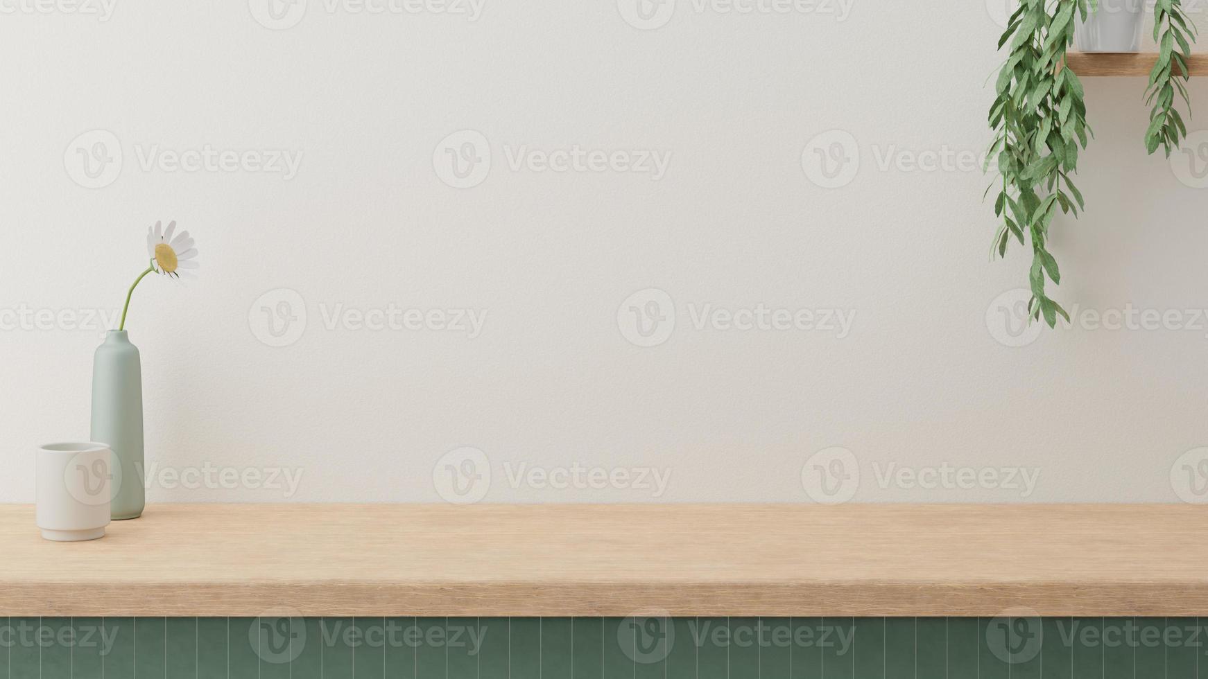 Minimal counter mockup background in Japan style with wood top green counter and warm white wall. Kitchen interior. photo