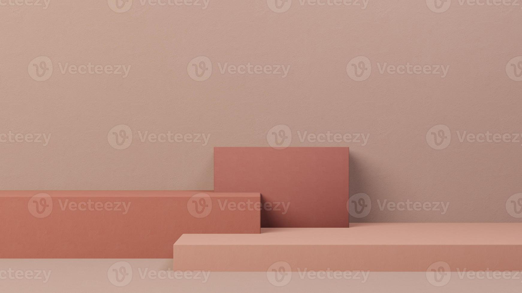 Minimal abstract podium for product presentation background with red, pink boxes and brown wall. 3D render. photo