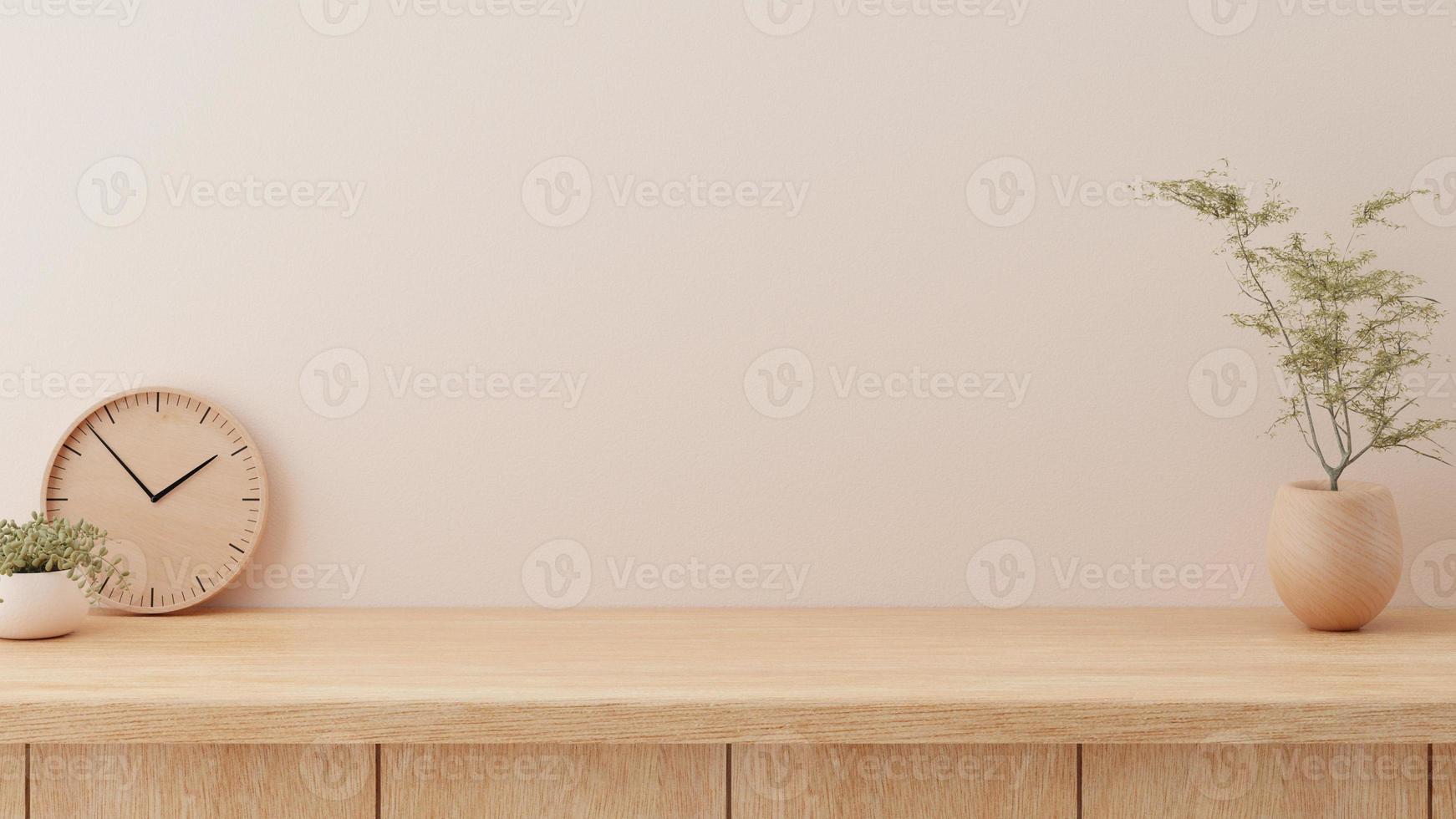 Minimal counter mockup background in Japan style with bright wood counter and warm white wall. Kitchen table. photo