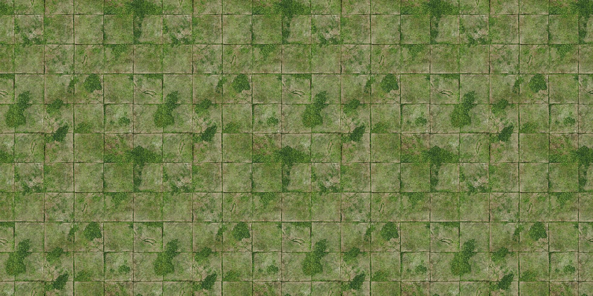 Seamless texture of concrete tiles in old white cracked stone and green moss. Modern abstract floor wall pattern. photo