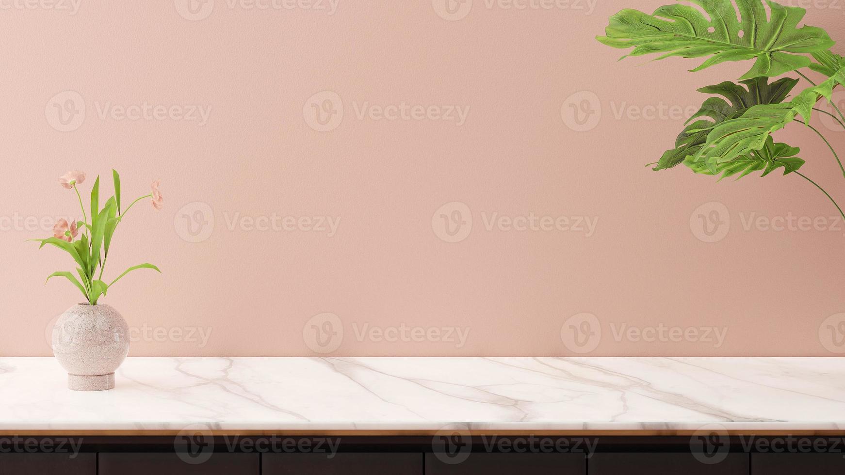 Minimal abstract counter mockup background in modern style with marble top pink wall with flower vase. Kitchen interior. photo