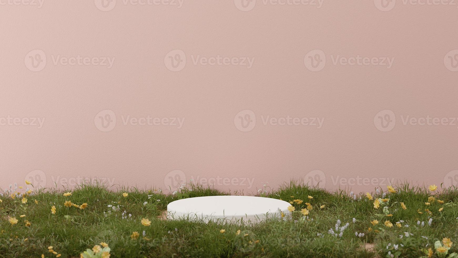 3D background display pedestal with yellow cutter flower grass pink wall. Fashion podium. 3D render. photo