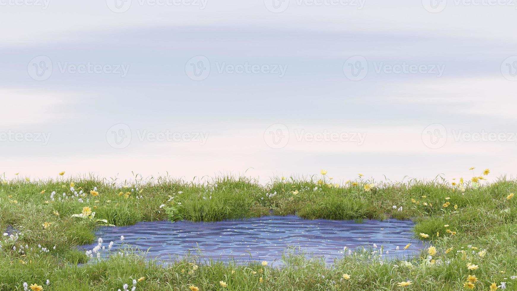 3D background with water space hole display. Nature pedestal with yellow cutter flower grass sky. 3D render. photo