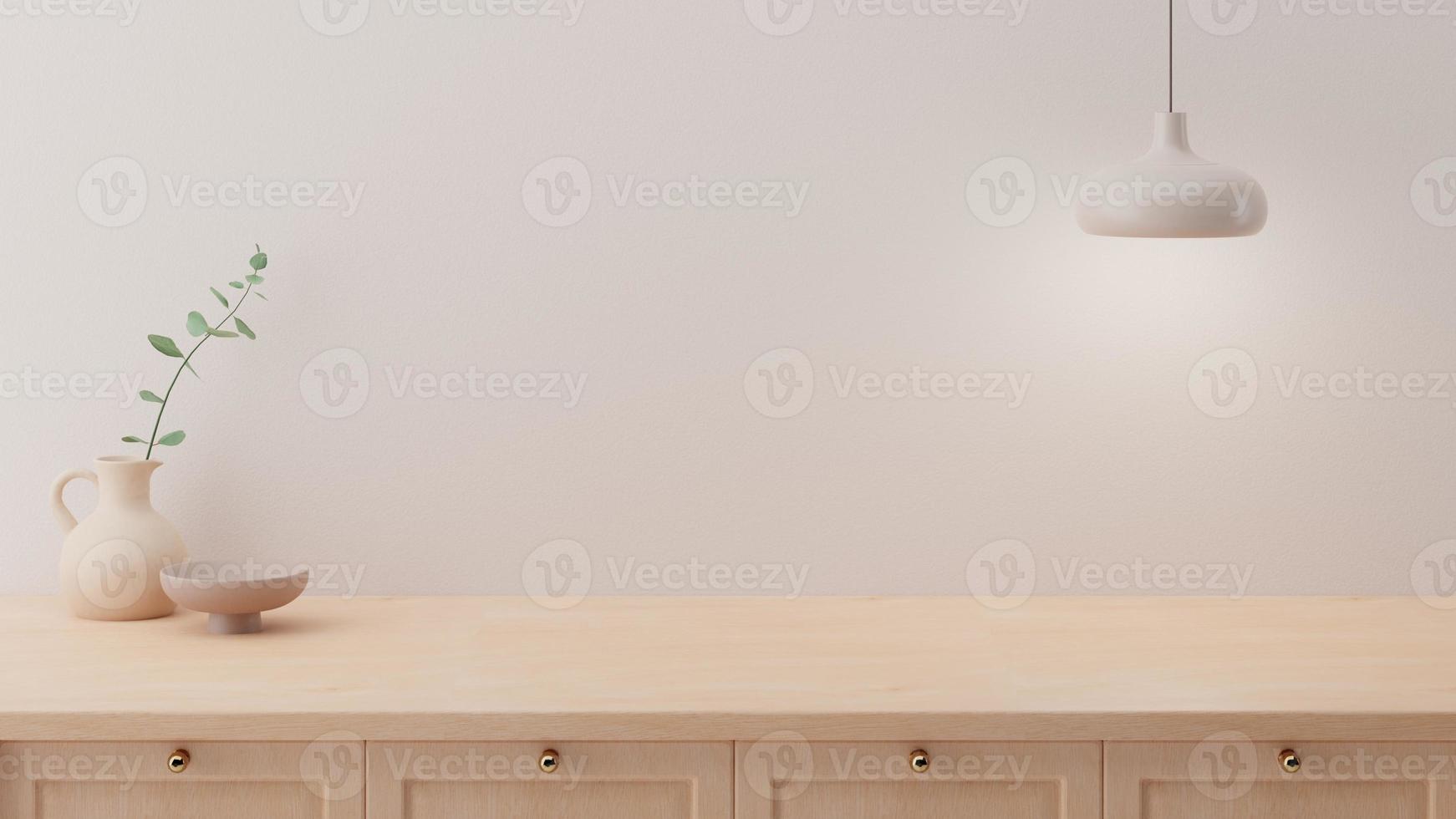 Minimal counter mockup background in Japan style with bright wood counter and warm white wall. Kitchen interior. photo