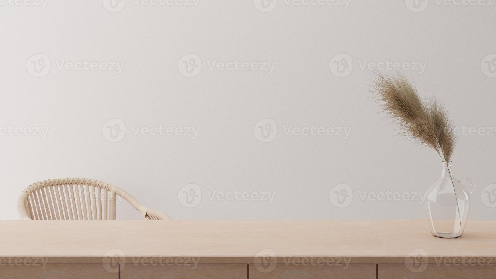 Minimal counter mockup background in Japan style with bright wood counter white wall chair vase. Kitchen interior. photo