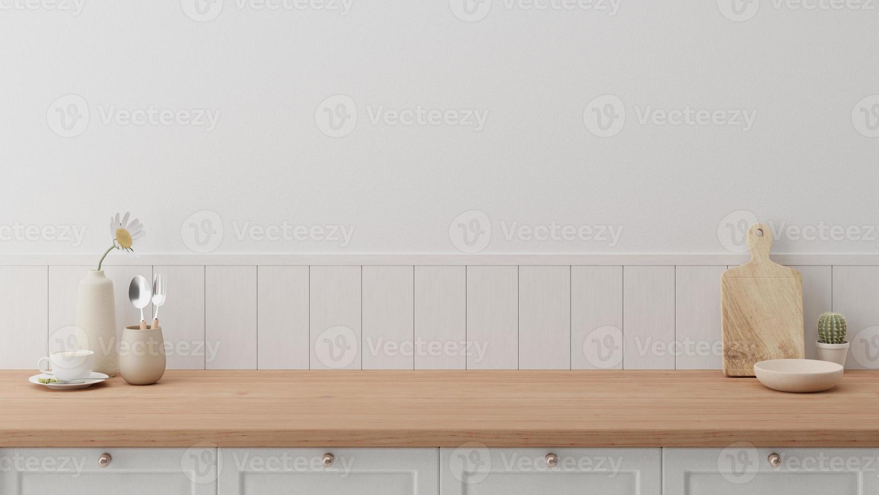 Minimal counter mockup background with bright wood top white counter and wall with vase flower. Kitchen interior. photo