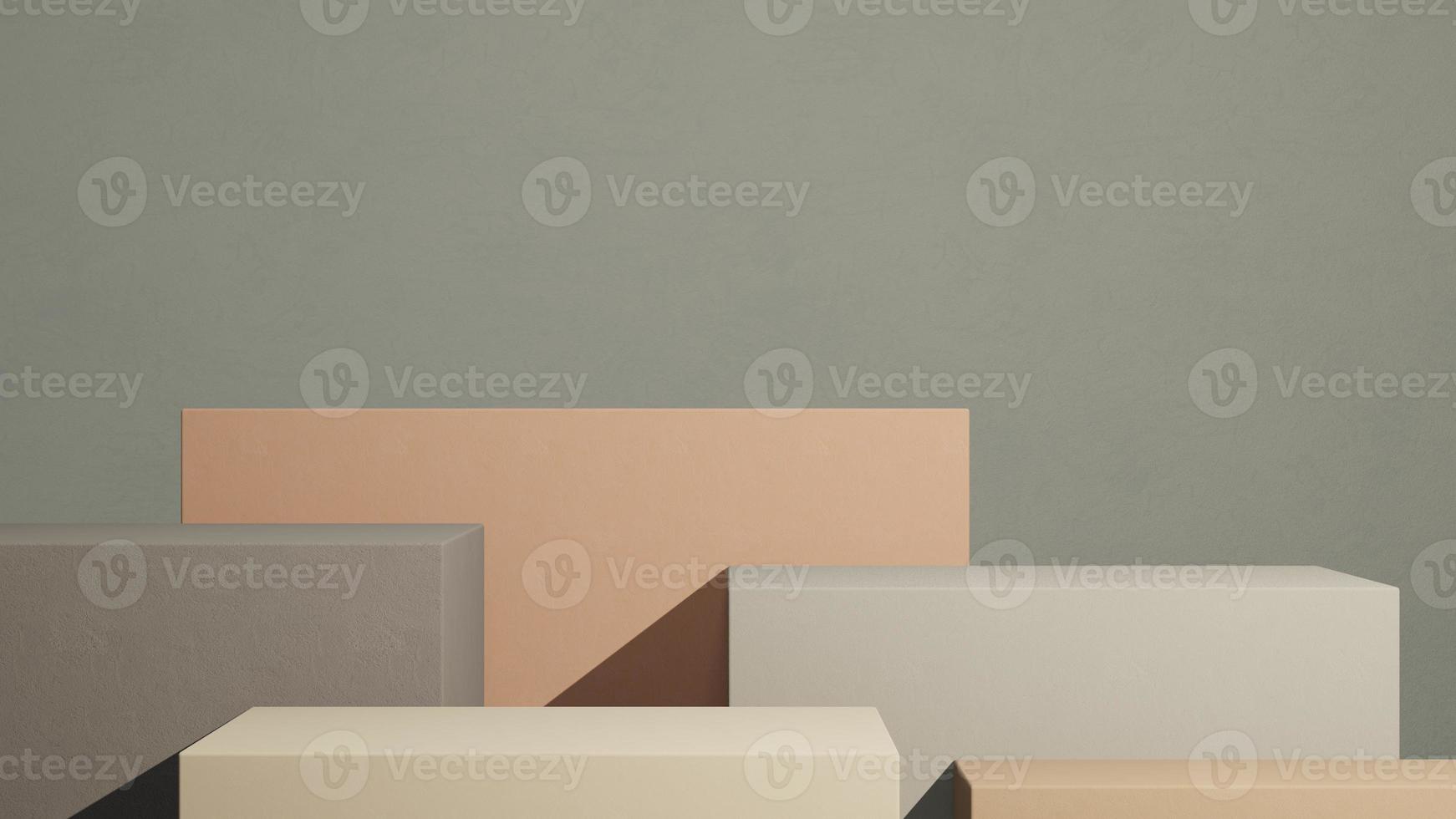 Minimal abstract podium for product presentation background with earthtones color boxes and green wall. 3D render. photo
