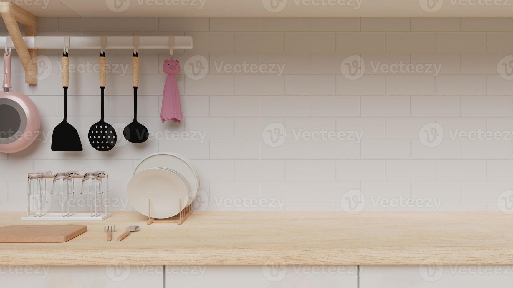 Cute kitchen counter background with wood top, brick wall, pink pan, glass, white plate. Cozy aesthetic. 3d render. photo
