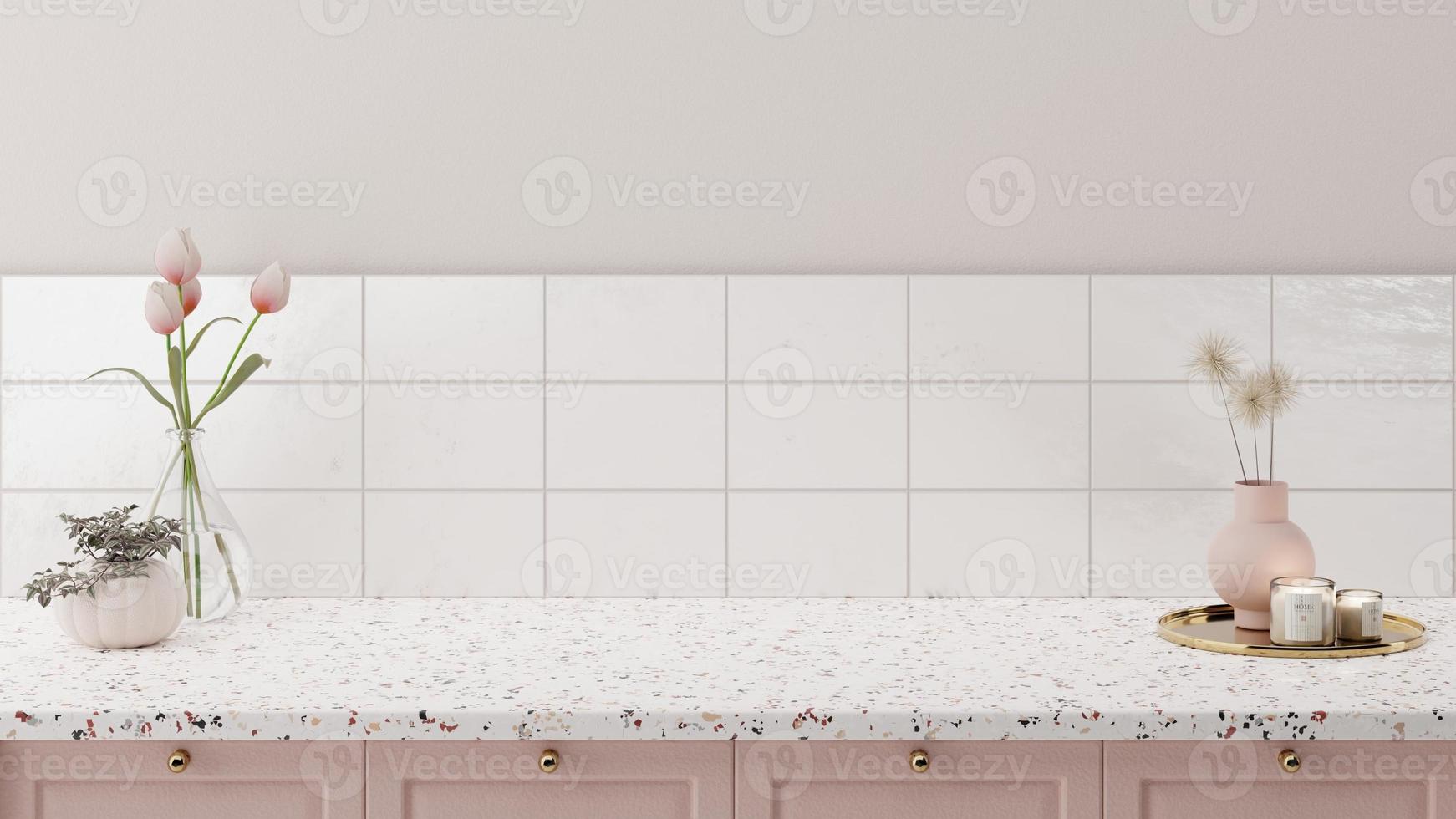 Minimal counter mockup background in modern style with white granite top tile wall and pink counter. Kitchen interior. photo
