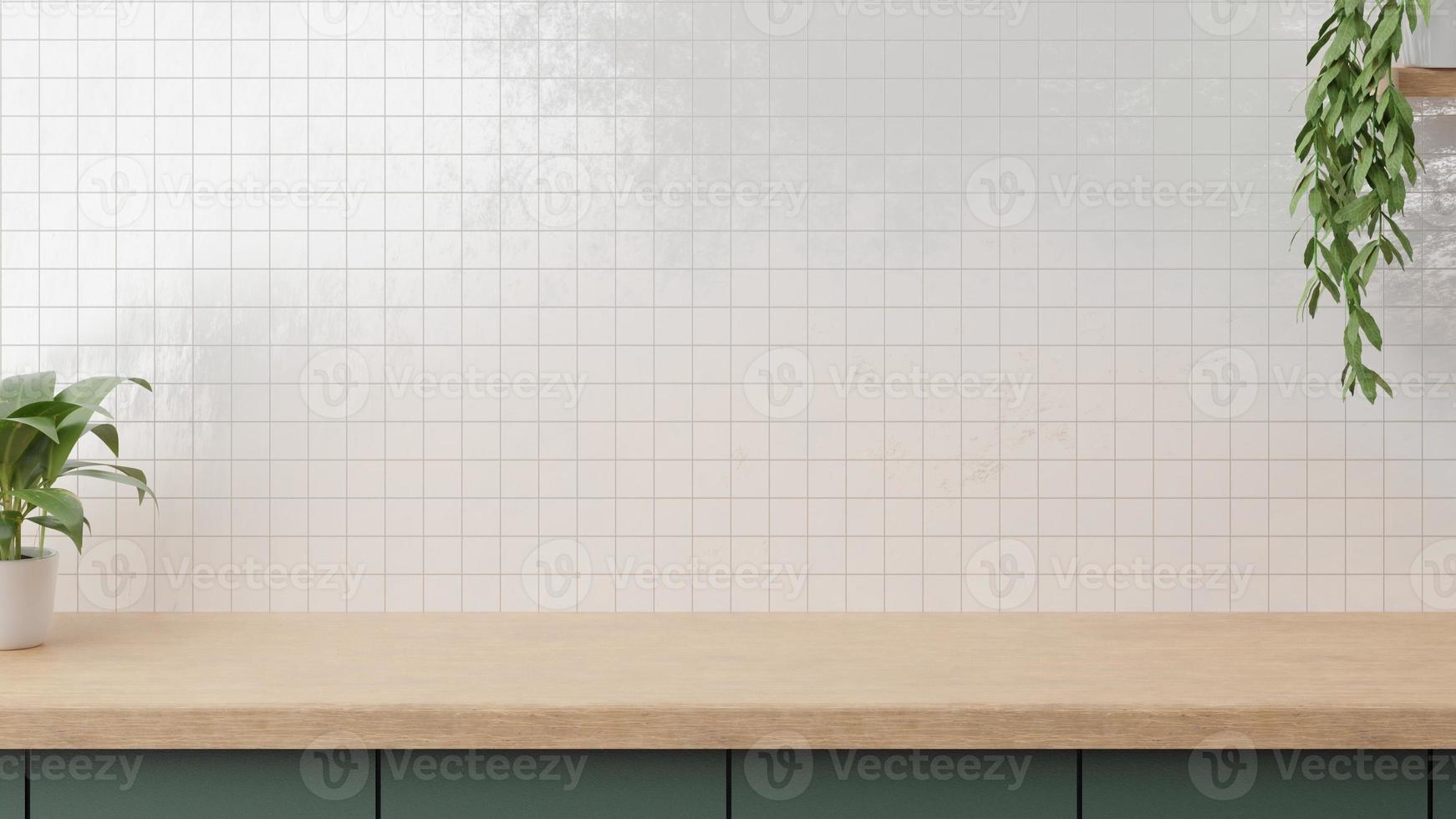 Minimal counter mockup background in Japan style with bright wood top green counter gloss tile wall. Kitchen interior. photo