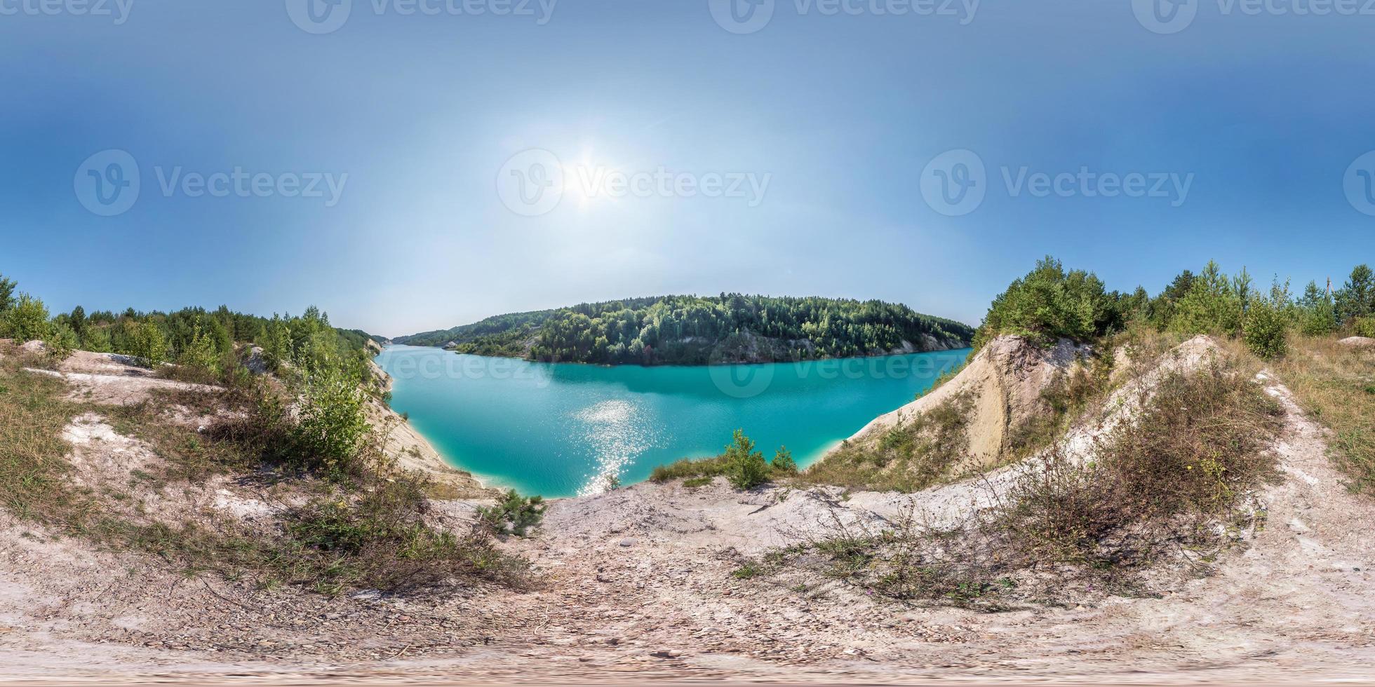 full seamless spherical hdri panorama 360 degrees angle view on chalkpit on limestone coast of huge turquoise lake in summer day in equirectangular projection with zenith and nadir, VR content photo