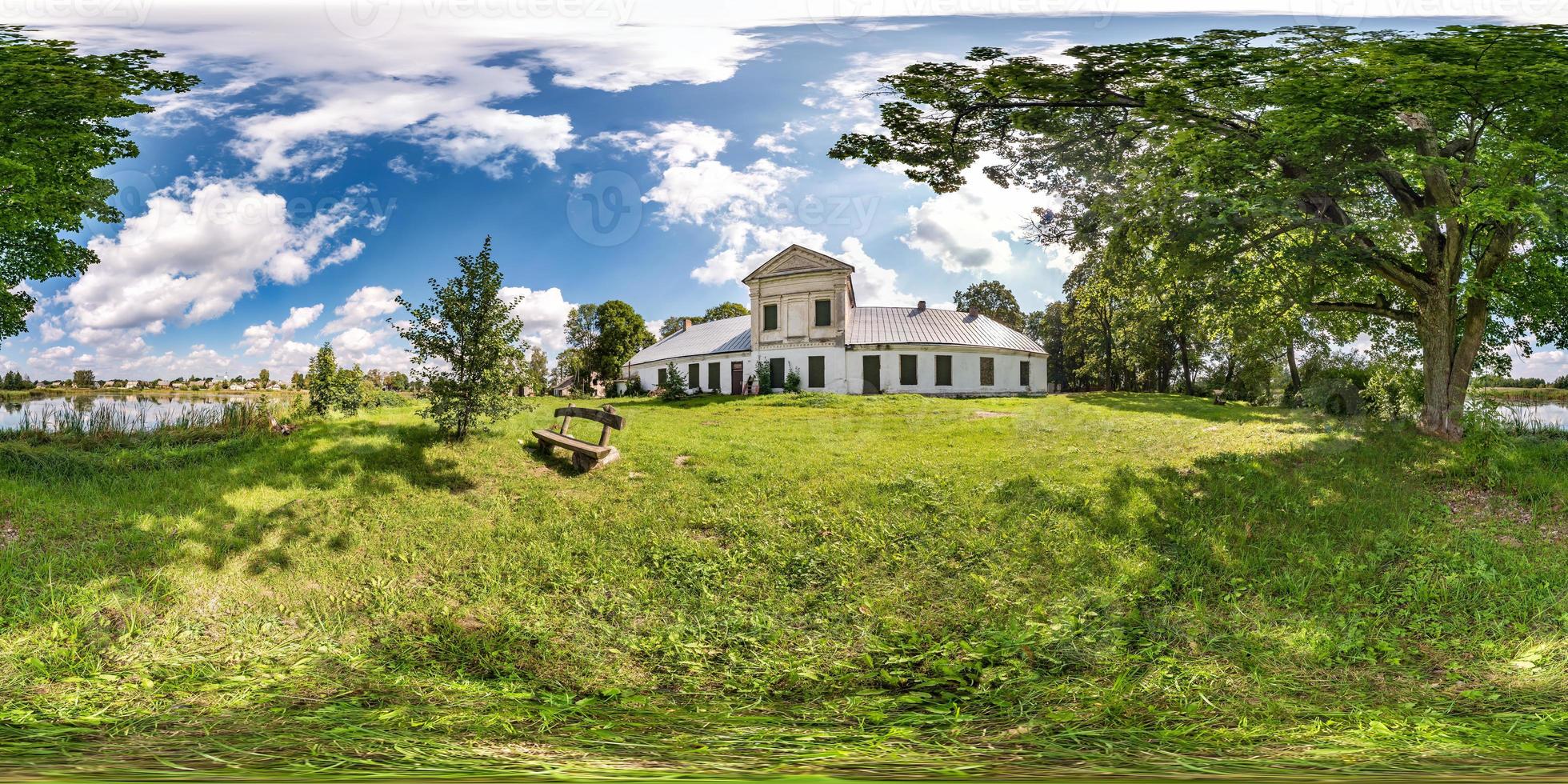 full seamless spherical hdri panorama 360 degrees angle view near abandoned homestead castle with columns near lake in equirectangular spherical projection with zenith and nadir. for VR content photo