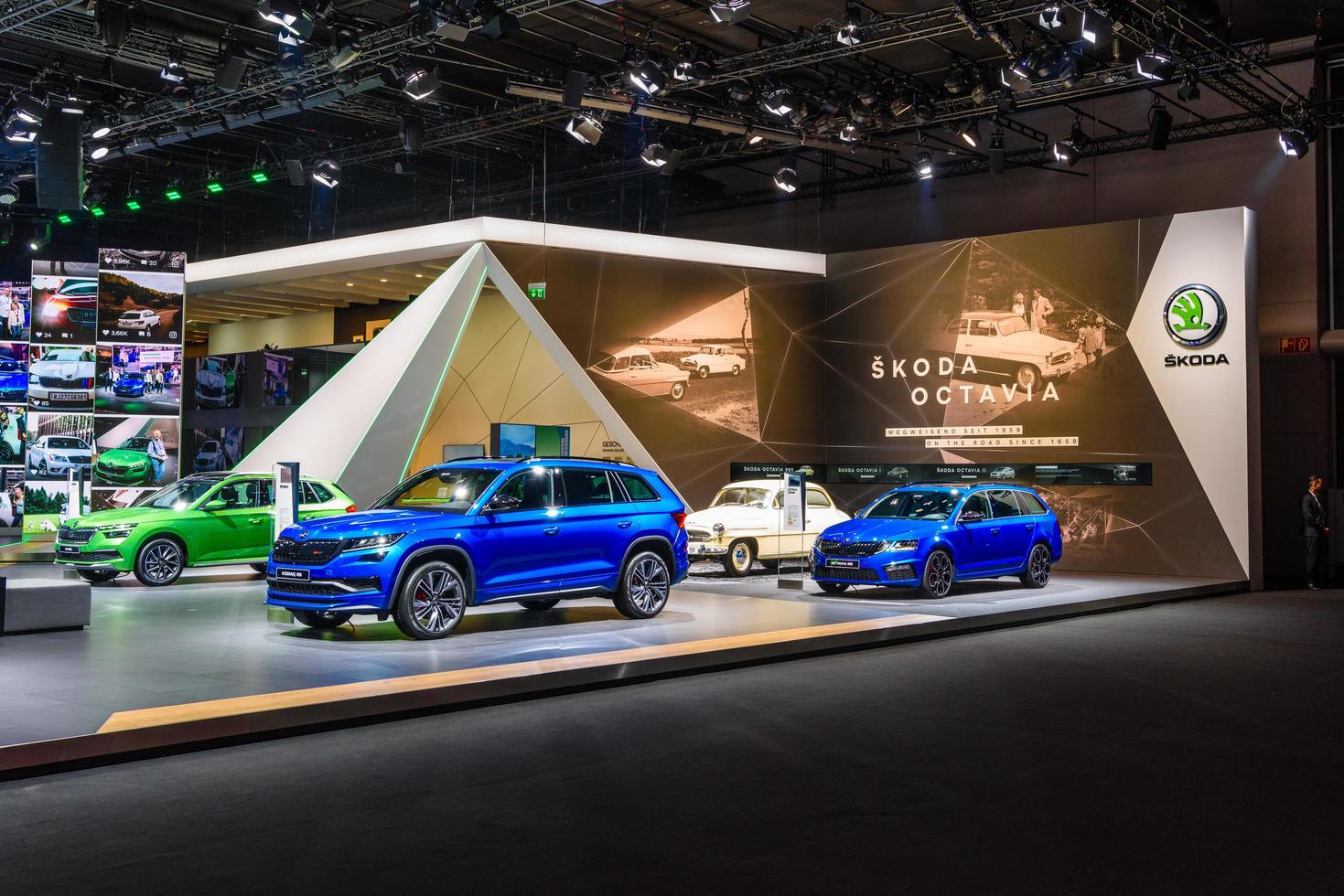 FRANKFURT, GERMANY - SEPT 2019 SKODA Stand with blue KODIAQ and OCTAVIA, IAA International Motor Show Auto Exhibtion photo