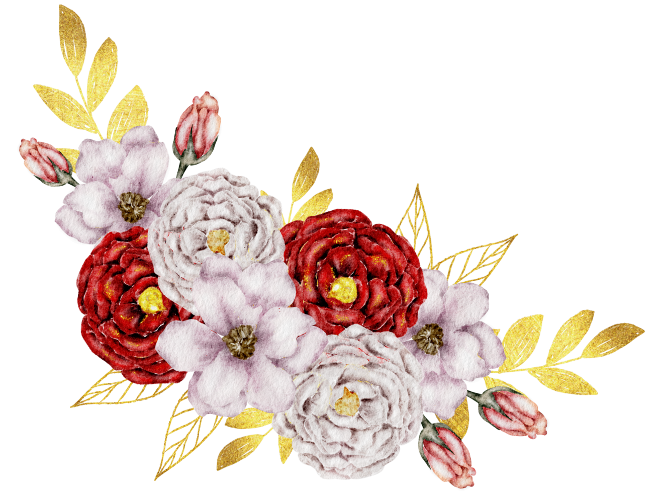 Red flower bouquet watercolor with gold leaf png