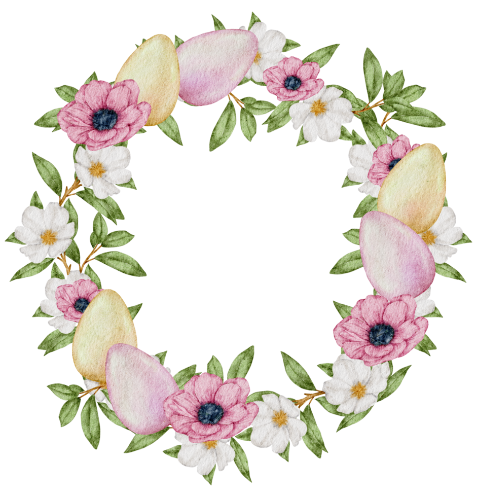 Easter wreath watercolor with Eggs and flower png