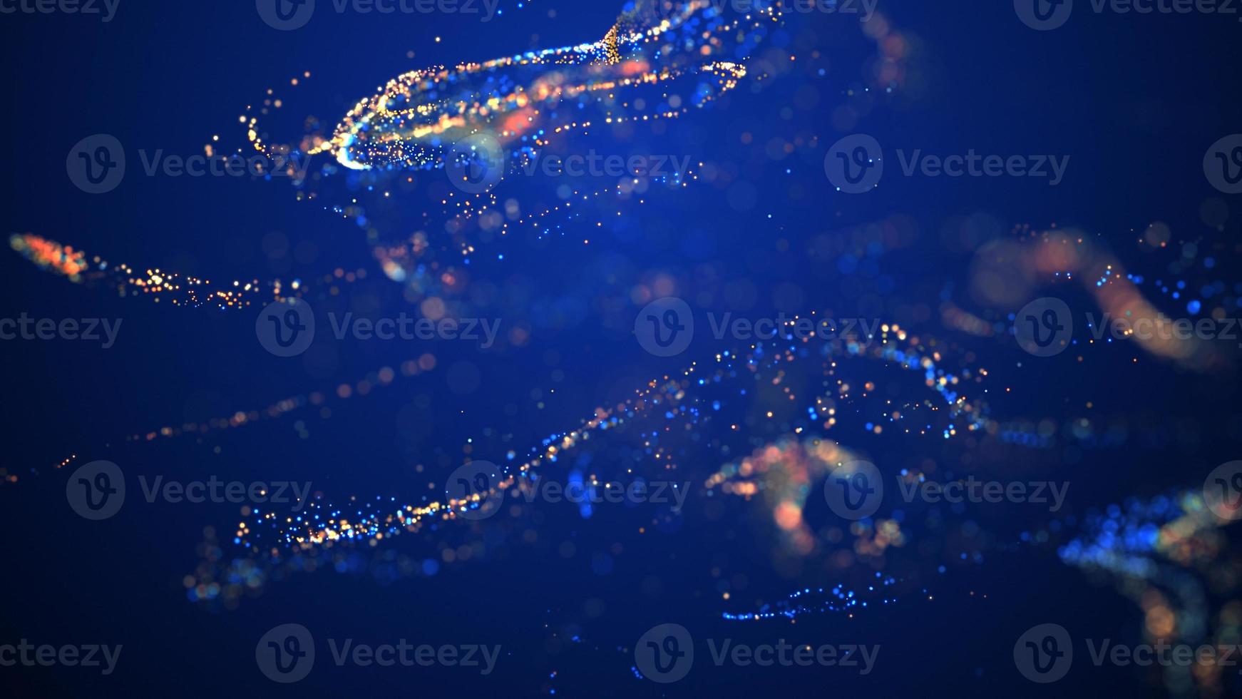 Blue and golden particle stream. Digital data flow. Creative abstract background. Dynamic pattern with fluid simulation and light. 3D render photo