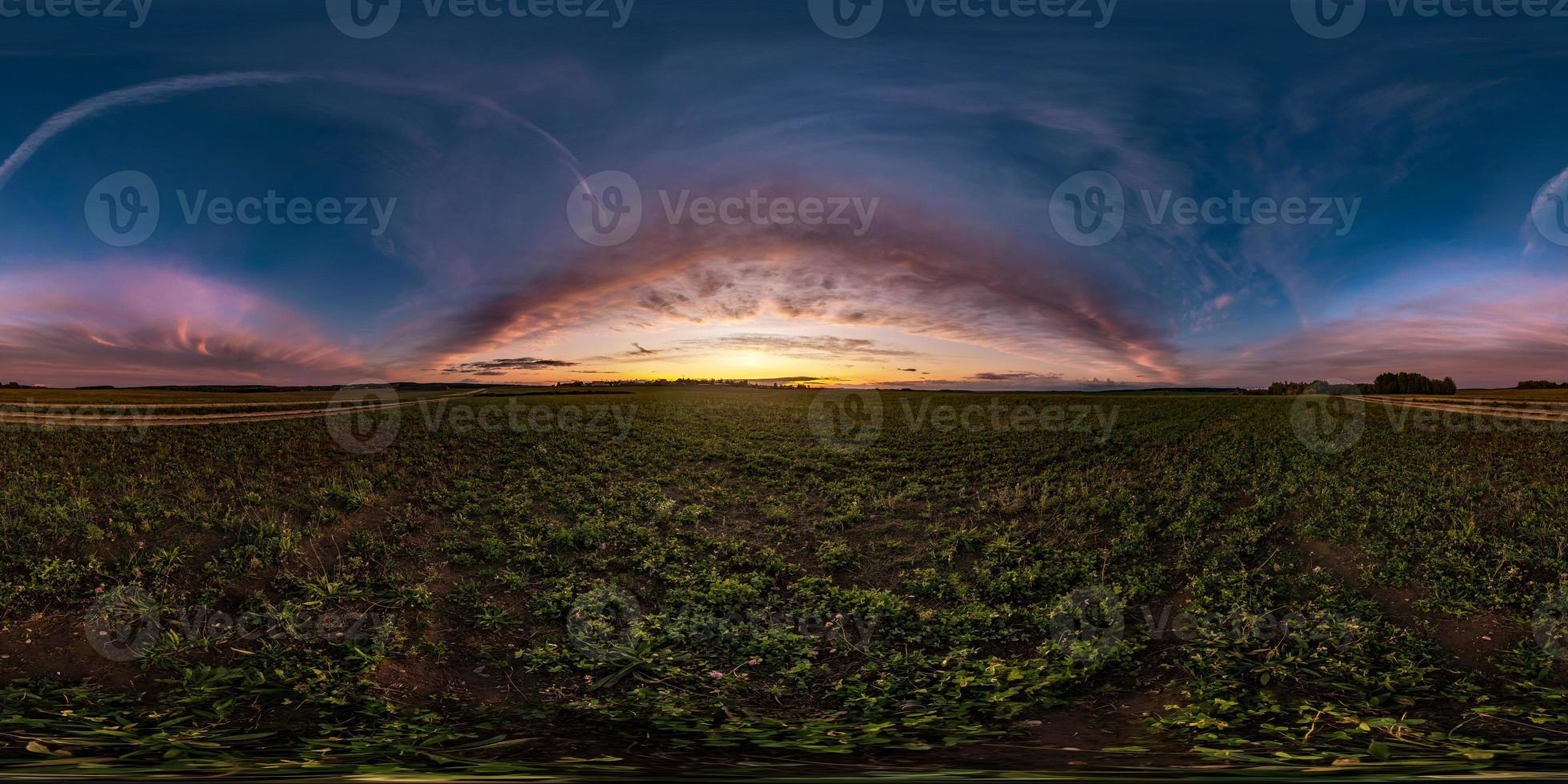 full seamless spherical hdri panorama 360 degrees angle view on among fields in autumn evening sunset with awesome clouds in equirectangular projection, ready for VR AR virtual reality photo