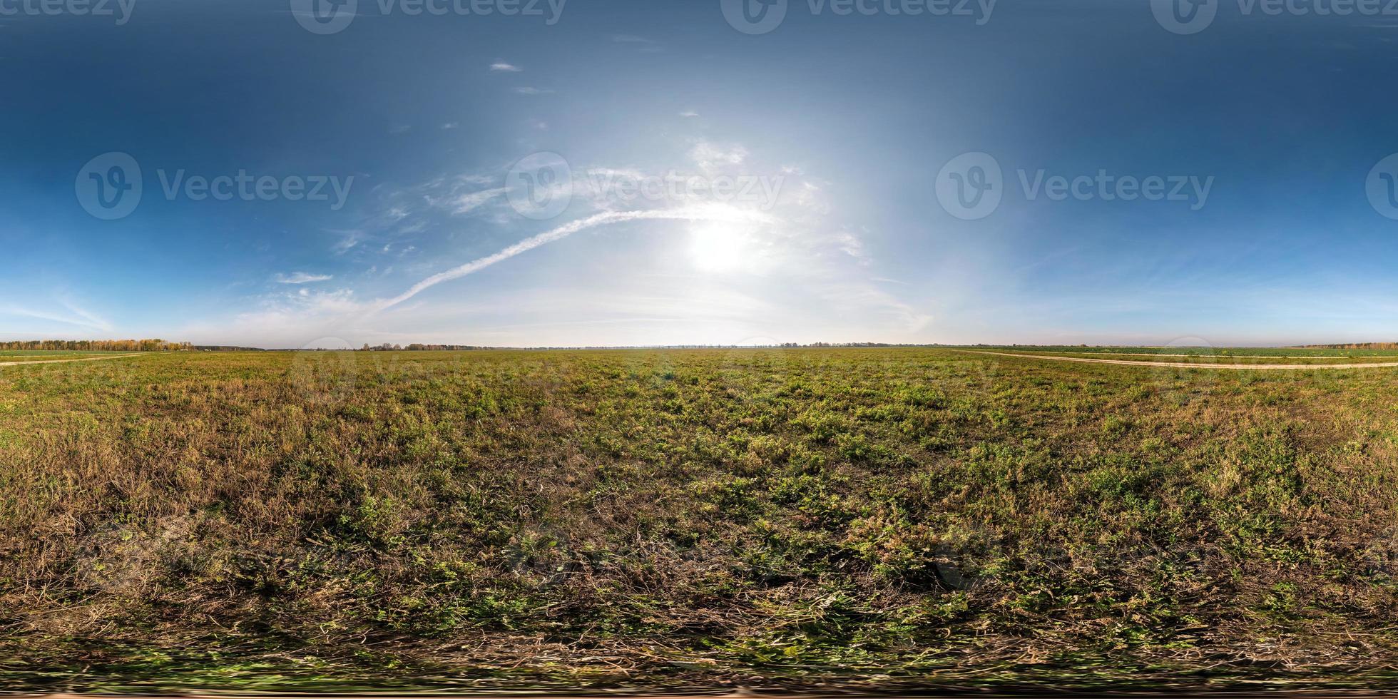 full seamless spherical hdri panorama 360 degrees angle view among fields in autumn sunny day with awesome clouds in equirectangular projection with zenith and nadir, ready for VR AR virtual reality photo