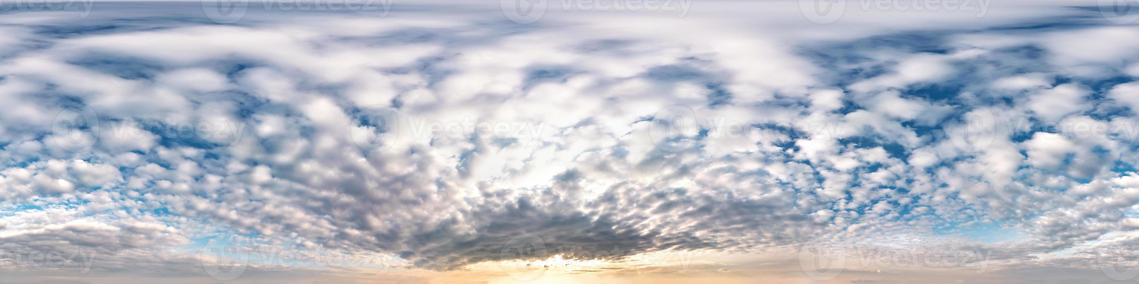 blue sky with beautiful awesome clouds. Seamless hdri panorama 360 degrees angle view with zenith for use in 3d graphics or game development as sky dome or edit drone shot photo