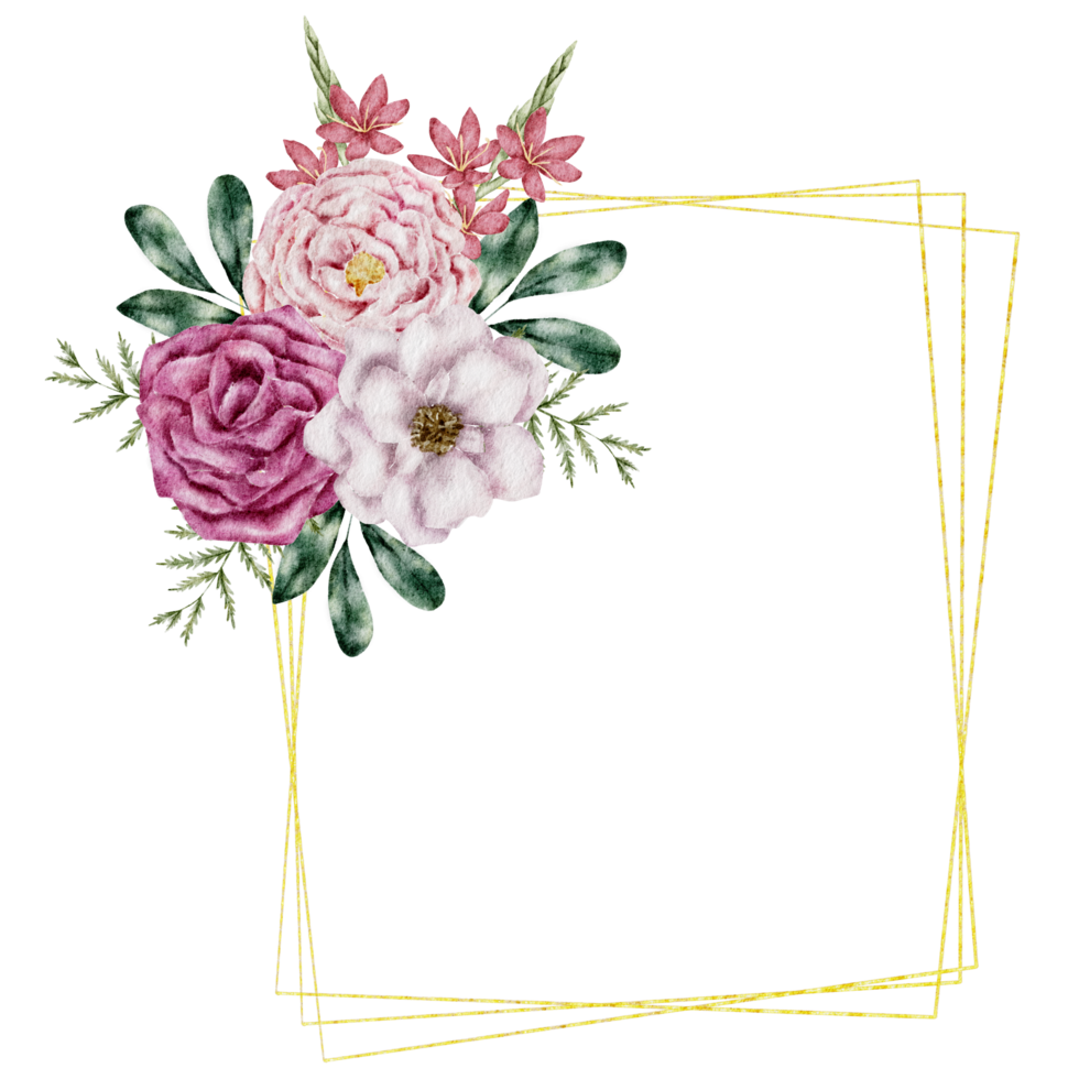 Pink flower wreath watercolor with gold frame png