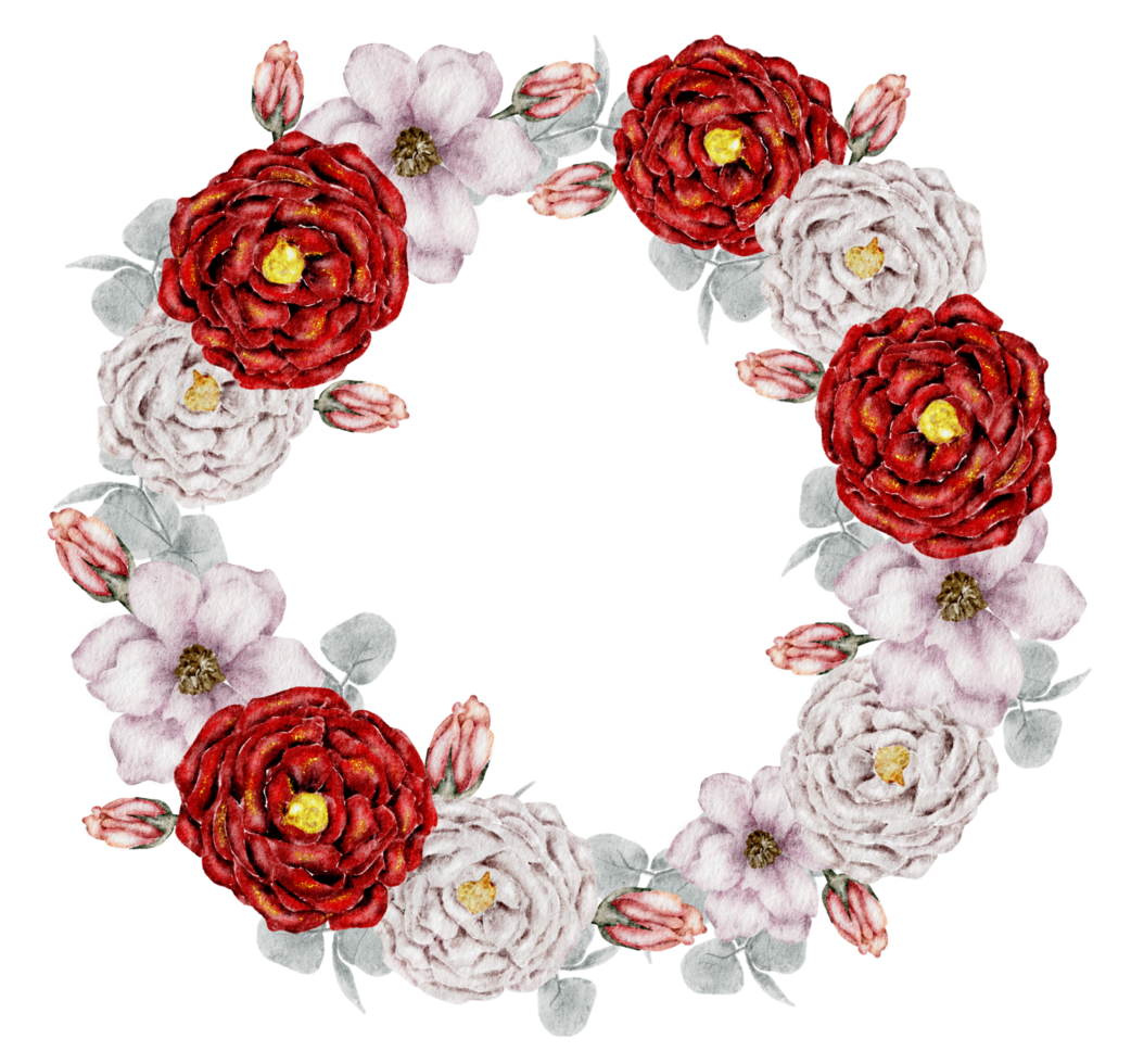 Pink and Red flower wreath watercolor with gold frame png