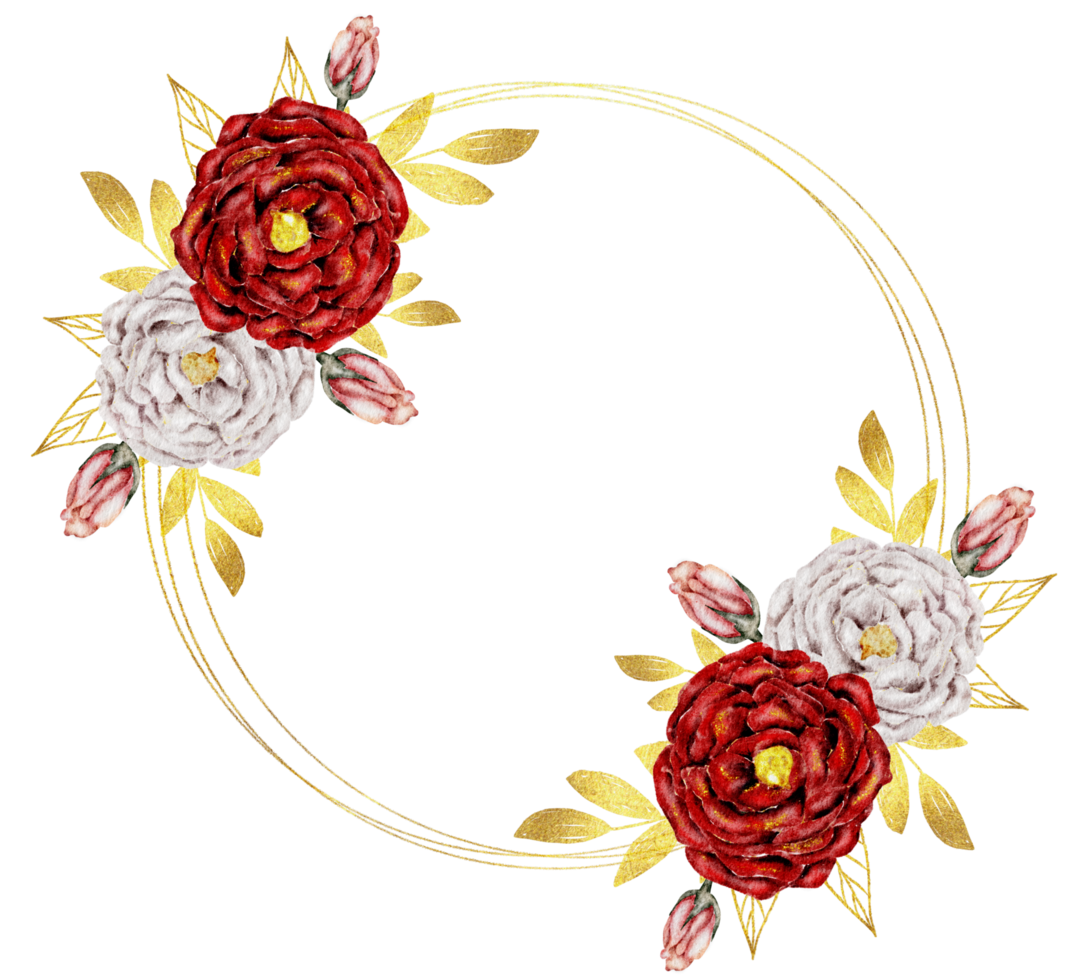 Pink and Red flower wreath watercolor with gold frame png