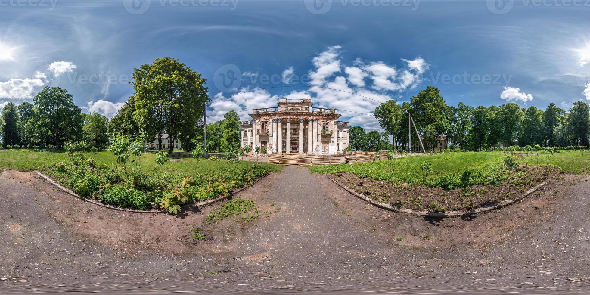 full seamless spherical hdri panorama 360 degrees angle view near stone abandoned ruined palace and park complex in equirectangular projection, VR AR virtual reality content photo